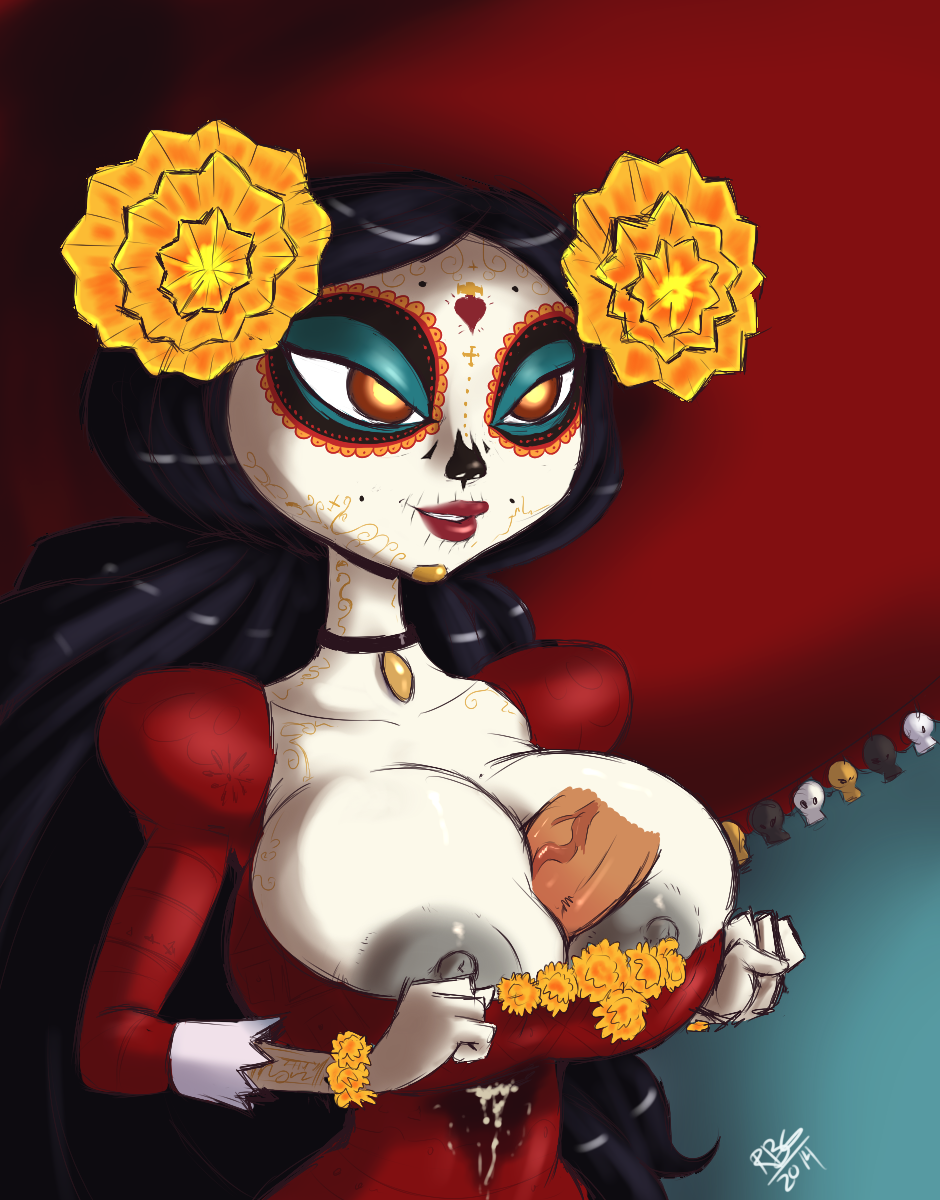 1girls areolae black_hair breasts brown_hair cleavage_reach cum cum_in_clothes dark_nipples dia_de_los_muertos dress eyeshadow facepaint female flower hair_flower hair_ornament highres huge_breasts la_muerte large_areolae large_breasts lipstick long_hair long_sleeves magic_penis makeup male mole nipple_slip nipples nude paizuri pale_skin penis perpendicular_paizuri ponytail puffy_long_sleeves puffy_sleeves randomboobguy red_dress red_lips red_lipstick sombrero straight the_book_of_life tied_hair unseen_male_face