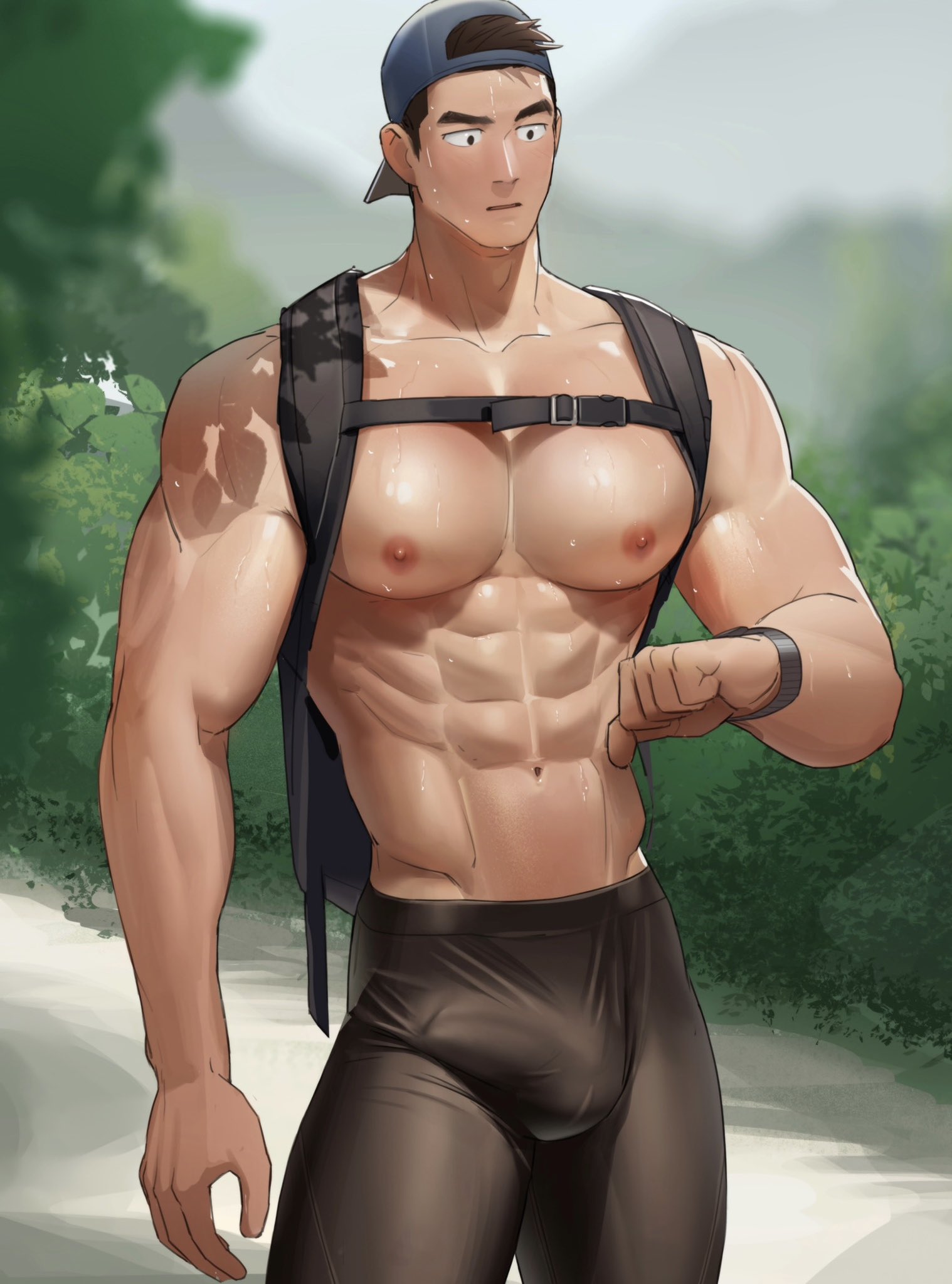 1boy, bara, gay, male, male focus, male only, naoki (xhju8282), original, original character, outdoors, solo, yaoi
