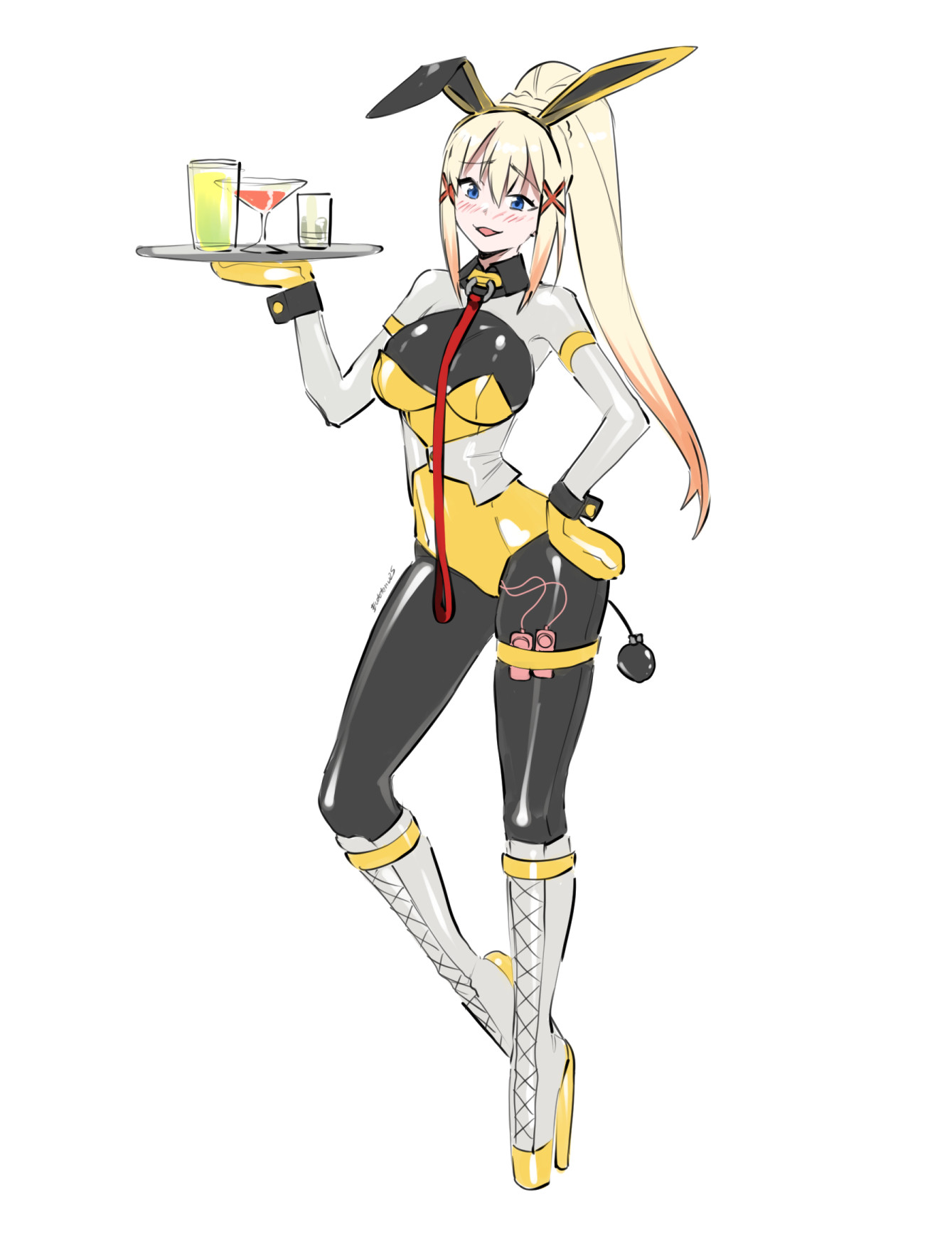 anal plug, ballet boots, ballet heels, bdsm collar, bondage, bondage mittens, bound, bound hands, bunny ears, bunny girl, bunnysuit, buttplug, buttplug in ass, collar, darkness (konosuba), eudetenis, female, female only, femsub, fully clothed, high heels, inflatable buttplug, kono subarashii sekai ni shukufuku wo!, latex, latex bodysuit, latex clothing, latex suit, leash, leash and collar, pussy, serving tray, shiny clothes, tight clothing, very high heels, vibrator, vibrator in pussy, waitress