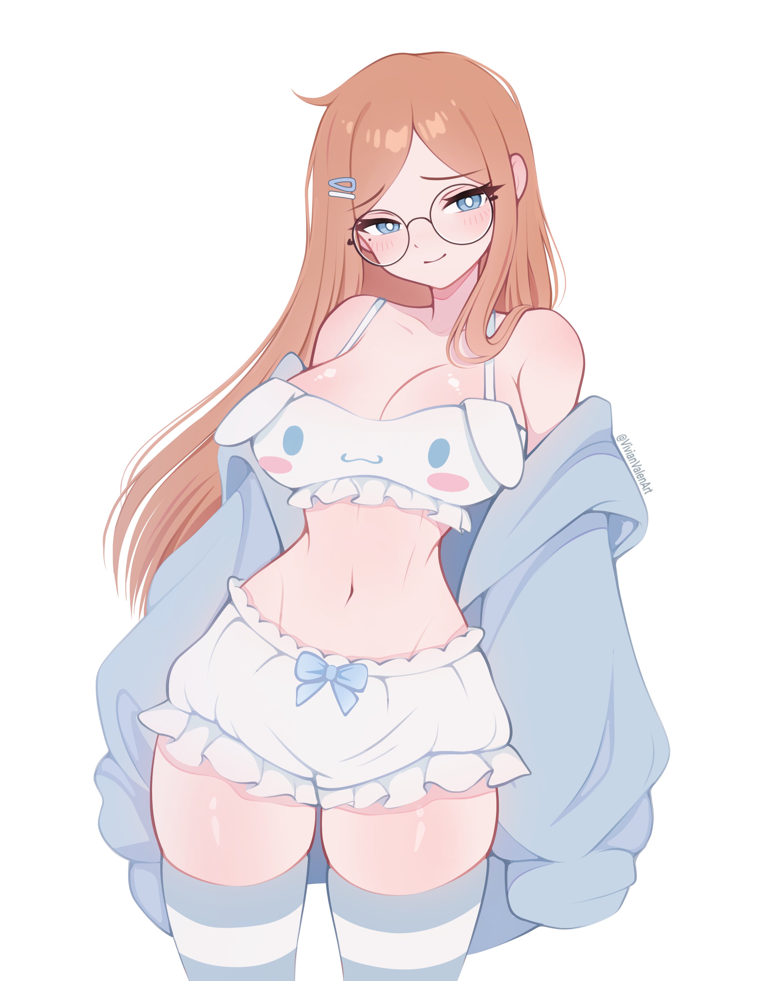 1girls, 2d, artist name, blue eyes, blush, cinnamoroll, circle glasses, cleavage, female, glasses, light skin, long hair, looking at viewer, navel, oc, orange hair, original, smile, solo, solo female, tagme, thick thighs, thigh highs, thighhighs, vivianvalenart, white background