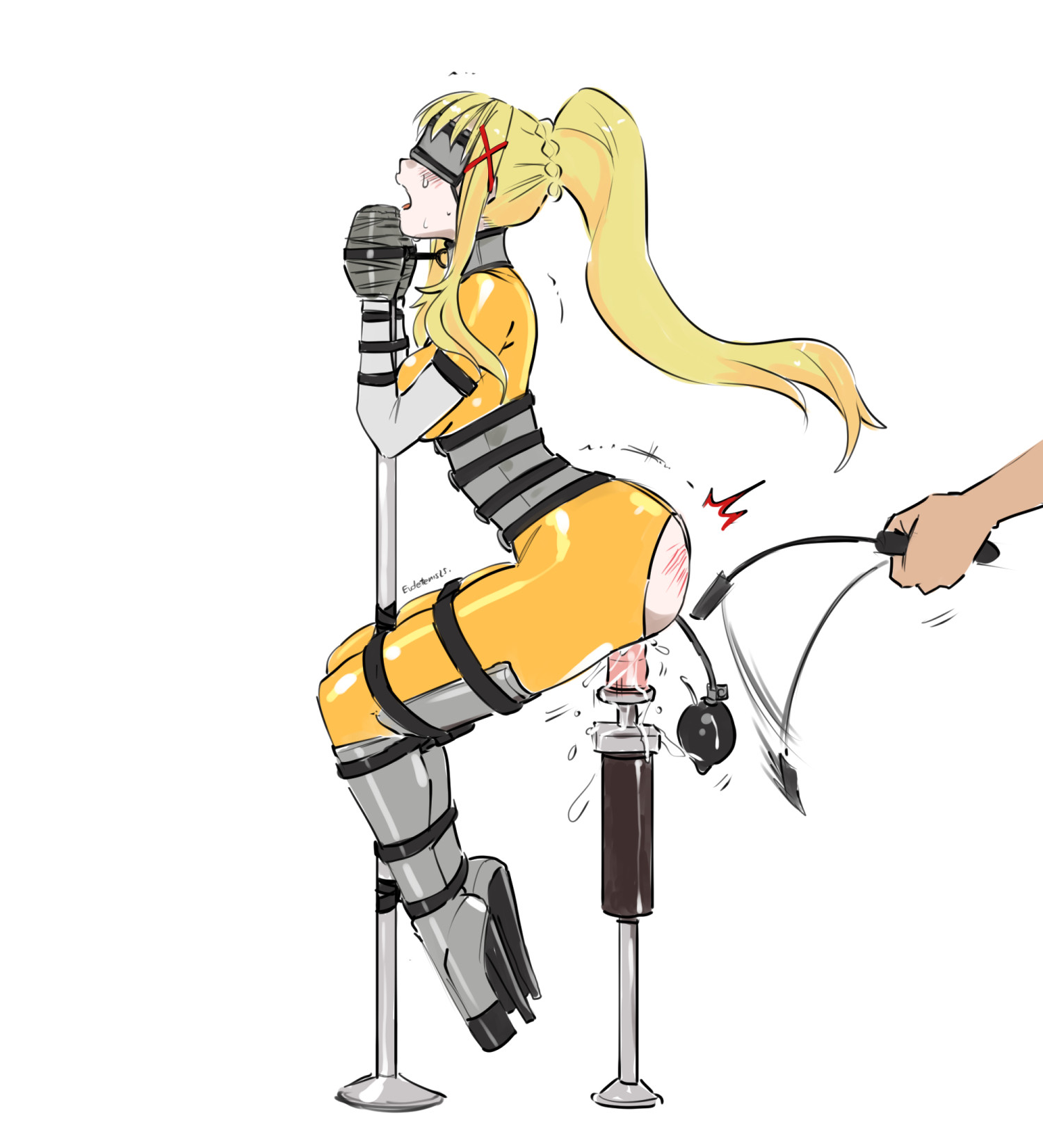 1girls, 2d, anal plug, ballet boots, ballet heels, bdsm, bdsm collar, bdsm outfit, blindfold, blindfolded, blonde hair, bondage, bound, bound arms, bound hands, bound legs, buttplug, collar, collared, corset, crop, darkness (konosuba), dildo, dildo insertion, eudetenis, exposed ass, female, heel boots, high heels, inflatable buttplug, kono subarashii sekai ni shukufuku wo!, latex, latex bodysuit, latex suit, leather straps, ponytail, riding crop, shiny clothes, taped hands, tight clothing, very high heels, whipping, whipping butt, whipping marks