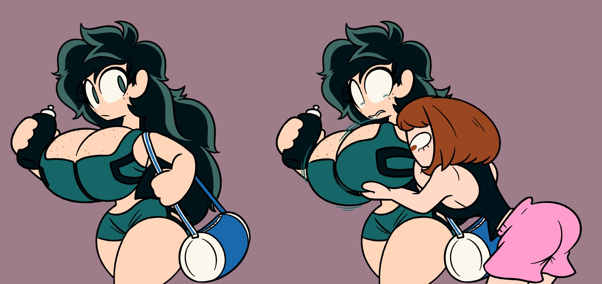 2girls, big breasts, boku no hero academia, breasts, duffel bag, female, female deku, frost-lock, izuku midoriya, midoriya izuku, my hero academia, rule 63, sports bra, thick thighs, uraraka ochako