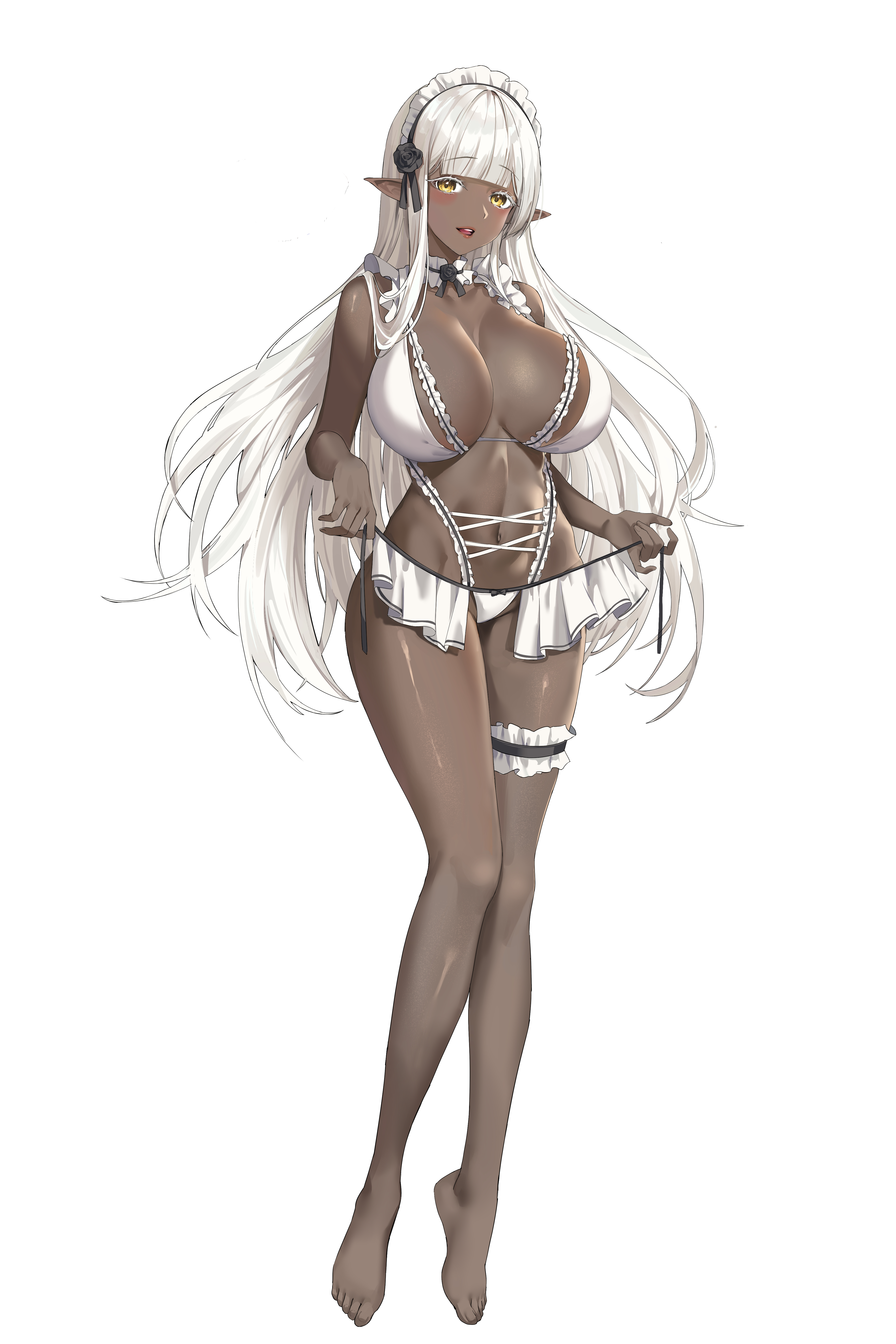 1girls, bangs over eyes, big breasts, blush lines, blushing at viewer, breasts, cleavage, dark elf, dark skin, dark-skinned female, elf, elf ears, elf female, female, female only, flat belly, fringe, hime cut, huge breasts, lillly, long hair, long legs, looking at viewer, maid, maid bikini, maid headdress, maid lingerie, monster girl, original, original character, pointy ears, smiling, smiling at viewer, solo, solo female, thigh strap, thighs, white hair, yellow eyes