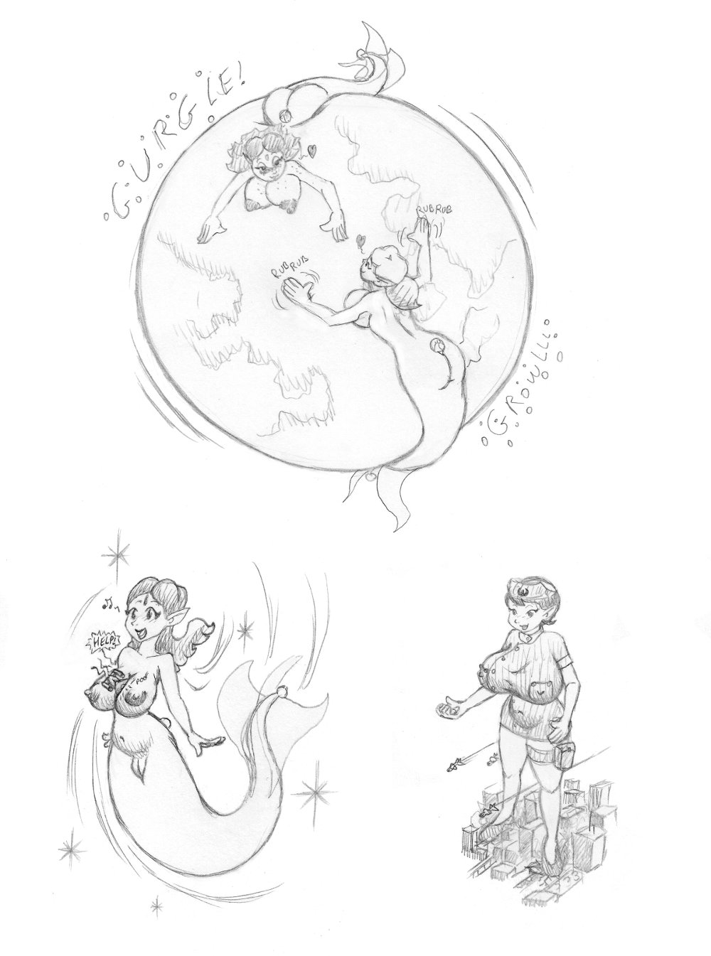 2011 after_vore ass belly big_belly big_breasts breasts elf female frakass genitals group hi_res huge_belly macro marine merfolk monochrome nipples nude nude_female overweight planet pussy simple_background split_form vore white_background