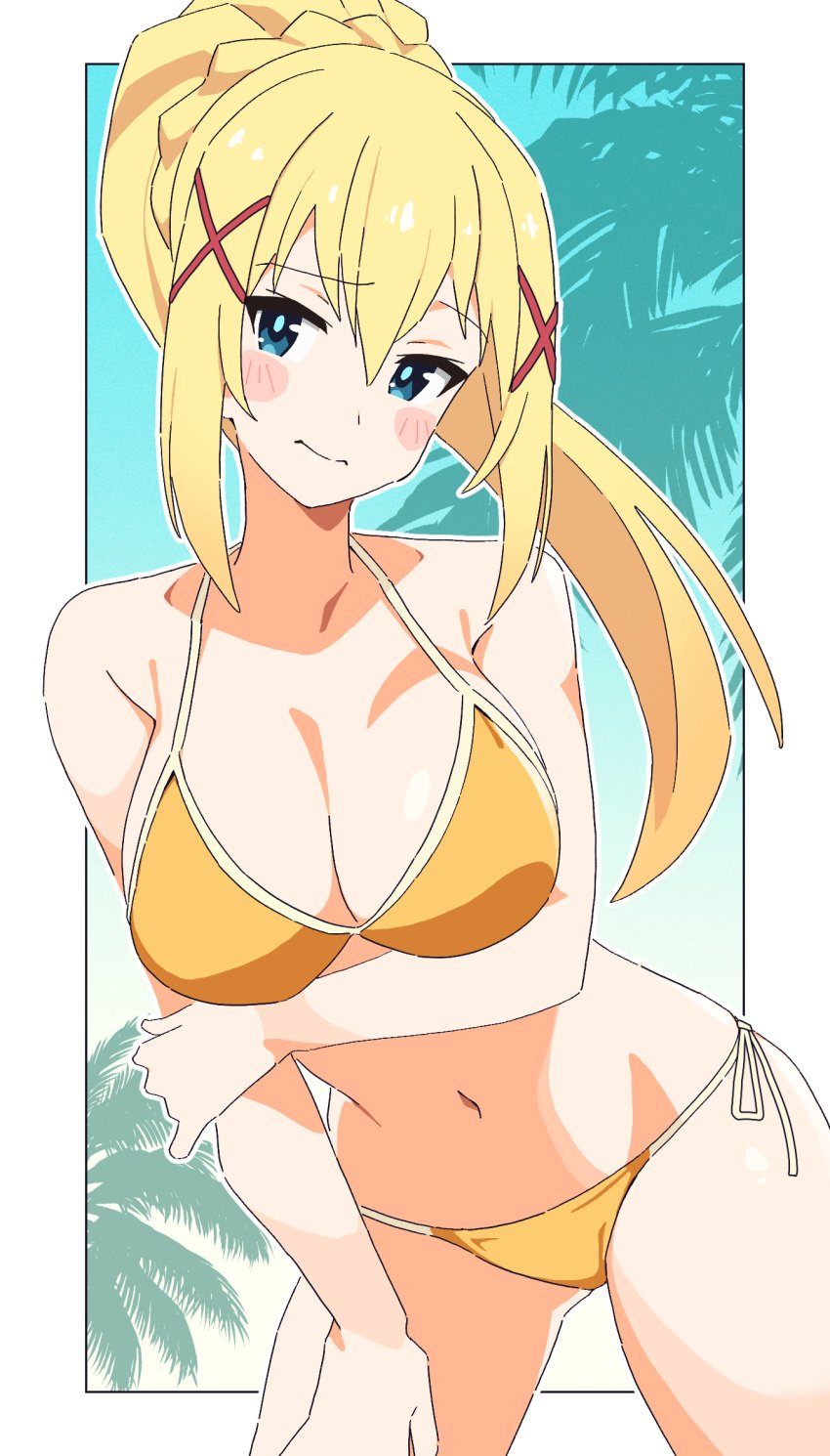 1girls absurd_res absurdres adult adult_female arm_under_breasts bare_belly bare_chest bare_hands bare_hips bare_legs bare_midriff bare_navel bare_shoulders bare_thighs belly belly_button bikini bikini_bottom bikini_only bikini_top birthing_hips blonde_eyebrows blonde_female blonde_hair blonde_hair_female blue_eyes blue_eyes_female blush blush_face blush_lines blushed_face blushing_at_viewer blushing_face blushing_female breasts bust_cup busty busty_female busty_girl child_bearing_hips cleavage collarbone cross_hair_ornament curvaceous curvaceous_body curvaceous_female curvaceous_figure curvaceous_hips curvaceous_thighs curvy curvy_body curvy_female curvy_figure curvy_hips curvy_thighs darkness_(konosuba) dot_nose elbows embarrassed_exposed_female embarrassed_expression embarrassed_female exposed_arms exposed_belly exposed_chest exposed_hips exposed_legs exposed_midriff exposed_navel exposed_shoulders exposed_skin exposed_thighs fair_skin female female_focus female_only fingernails fingers green_background groin hair_between_eyes hair_ornament hair_ornaments hand_on_leg hand_on_own_leg hand_on_own_thigh hand_on_thigh head_tilt high_resolution highres hourglass_figure kono_subarashii_sekai_ni_shukufuku_wo! large_breasts lean_body lean_figure leaning_forward legs light-skined_female light-skinned light-skinned_female light_skin light_skin_female light_skinned light_skinned_female long_hair looking_at_viewer mature mature_female midriff narrow_waist navel noyama_takenoko ponytail shoulders side-tie_bikini sidelocks simple_background slender_body slender_waist slim_girl slim_waist smooth_skin solo standing string_bikini swimsuit swimwear thick_thighs thighs thin_waist tilted_head upper_body v-line wide_hips yellow_bikini yellow_bikini_bottom yellow_bikini_only yellow_bikini_top yellow_eyebrows yellow_hair yellow_hair_female yellow_string_bikini yellow_swimsuit yellow_swimwear