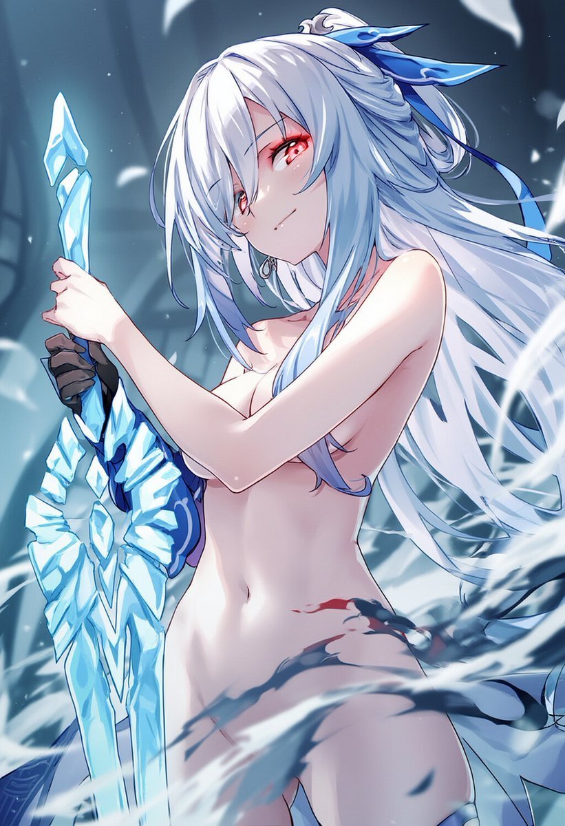 ai generated, breasts, covered breasts, covered pussy, female, female only, honkai: star rail, jingliu (honkai: star rail), melee weapon, naked female, orange eyes, pussy, raaicave, shoulders, white hair