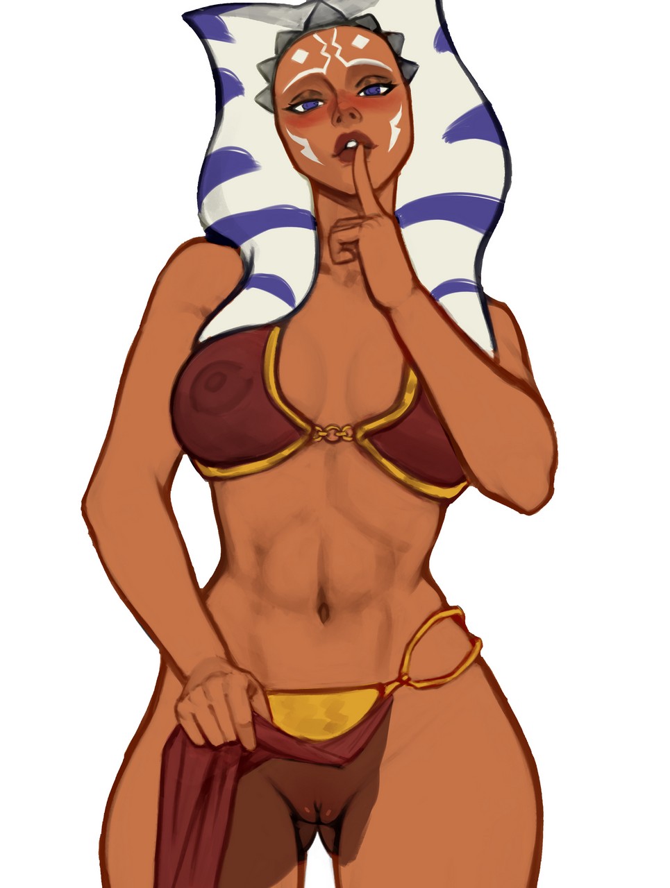 1girls, ahsoka tano, akeowi, athletic female, belly dancer, belly dancer outfit, blue eyes, blush, breasts, female, female only, fit female, harem girl, harem outfit, jedi, large breasts, loincloth, loincloth lift, orange skin, pussy, see-through top, shushing, slave, slave bikini, slave girl, slave leia (cosplay), slave outfit, star wars, togruta