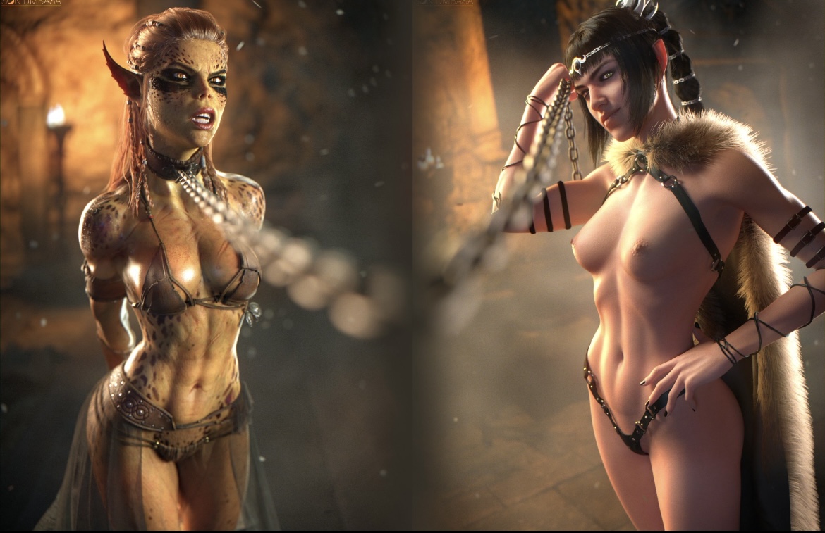 2girls, 3d, abs, background, baldur's gate 3, black hair, braided hair, chained, chained up, collar, elf, elf ears, famdom, female, female torso, femsub, green skin, half elf, half-elf, lae'zel, medium breasts, monster, petite, petite body, petite female, shadowheart, skinny, slave collar, slave girl, slim, small breasts, son umbasa, tagme, toned, toned female, topless, topless female, white skin