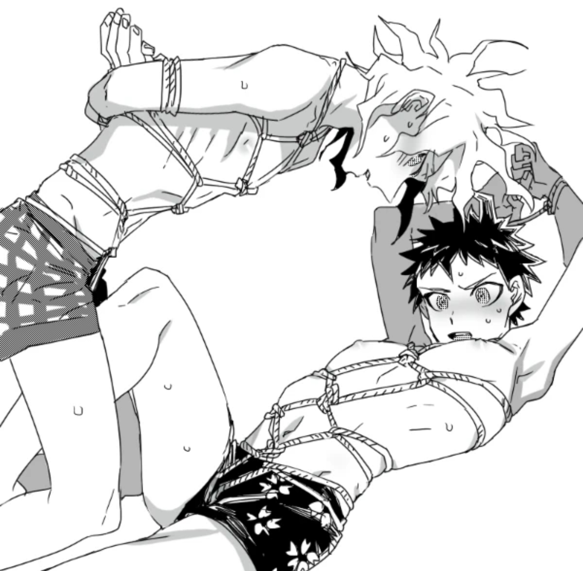 2boys, almost naked, arms behind back, arms behind head, arms tied, arms tied above head, arms tied behind back, blush, bondage, boxers, danganronpa, danganronpa 2: goodbye despair, drfav, hinata hajime, male, male focus, male only, nagito komaeda, nipples, rope, rope bondage, shirtless, shirtless male, tied up, underwear, uurin, wrists tied