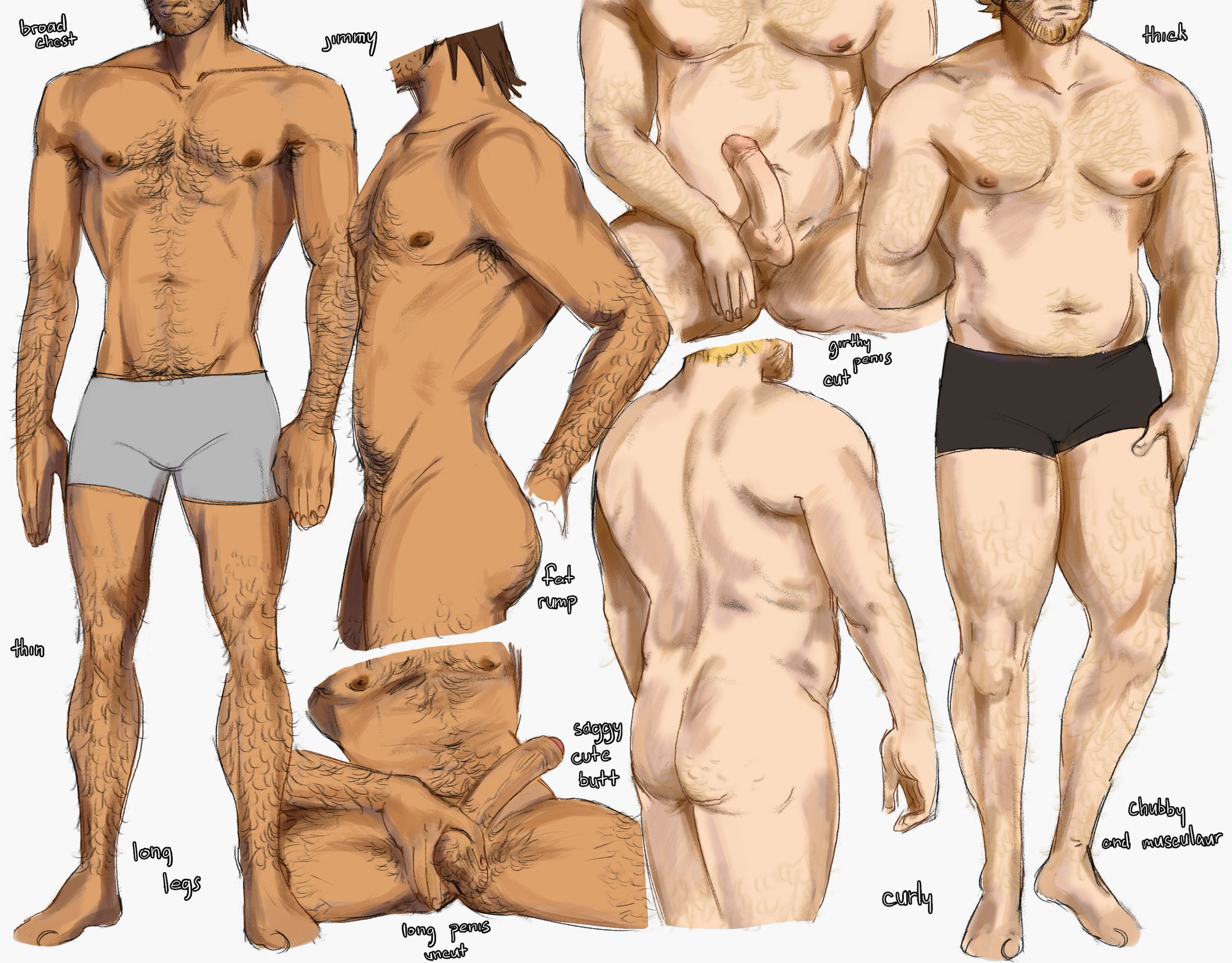 2025, 2boys, 2d, balls, barefoot, belly button, big penis, black underwear, blonde hair, body hair, boxer briefs, broad shoulders, brown hair, chubby male, circumcised, curly (mouthwashing), facial hair, foreskin, grey underwear, hairy armpits, hairy arms, hairy ass, hairy balls, hairy chest, hairy legs, hairy male, hairy thighs, half-dressed, happy trail, jimmy (mouthwashing), long penis, male, mouthwashing, muscular, muscular male, penis, reference sheet, skinny, tall male, tan skin, thick penis, uncircumcised, underwear
