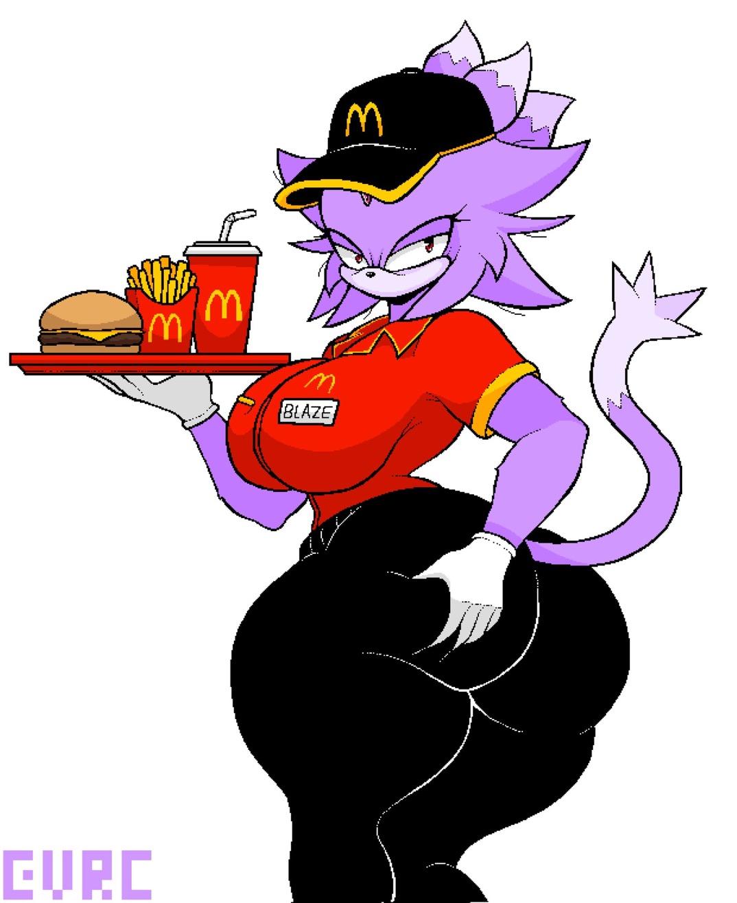 1girls, 5 fingers, annoyed expression, anthro, ass, big ass, blaze the cat, blaze the cat (om), breasts, bubble butt, burger, cap, clothed, clothing, countershade face, countershading, dipstick hair, drink, evrc, eyelashes, fast food, fast food uniform, female, female only, food, fries, furry, gem, gem on forehead, gloves, half-closed eyes, hat, head tuft, hips, holding object, holding tray, hourglass figure, mcdonald's, mobian (species), name tag, outcome memories, petite, purple body, purple fur, red eyes, roblox, roblox game, sega, server, slim thick, solo, sonic (series), sonic the hedgehog (series), tail, thick thighs, turned around, white body, white fur, work uniform