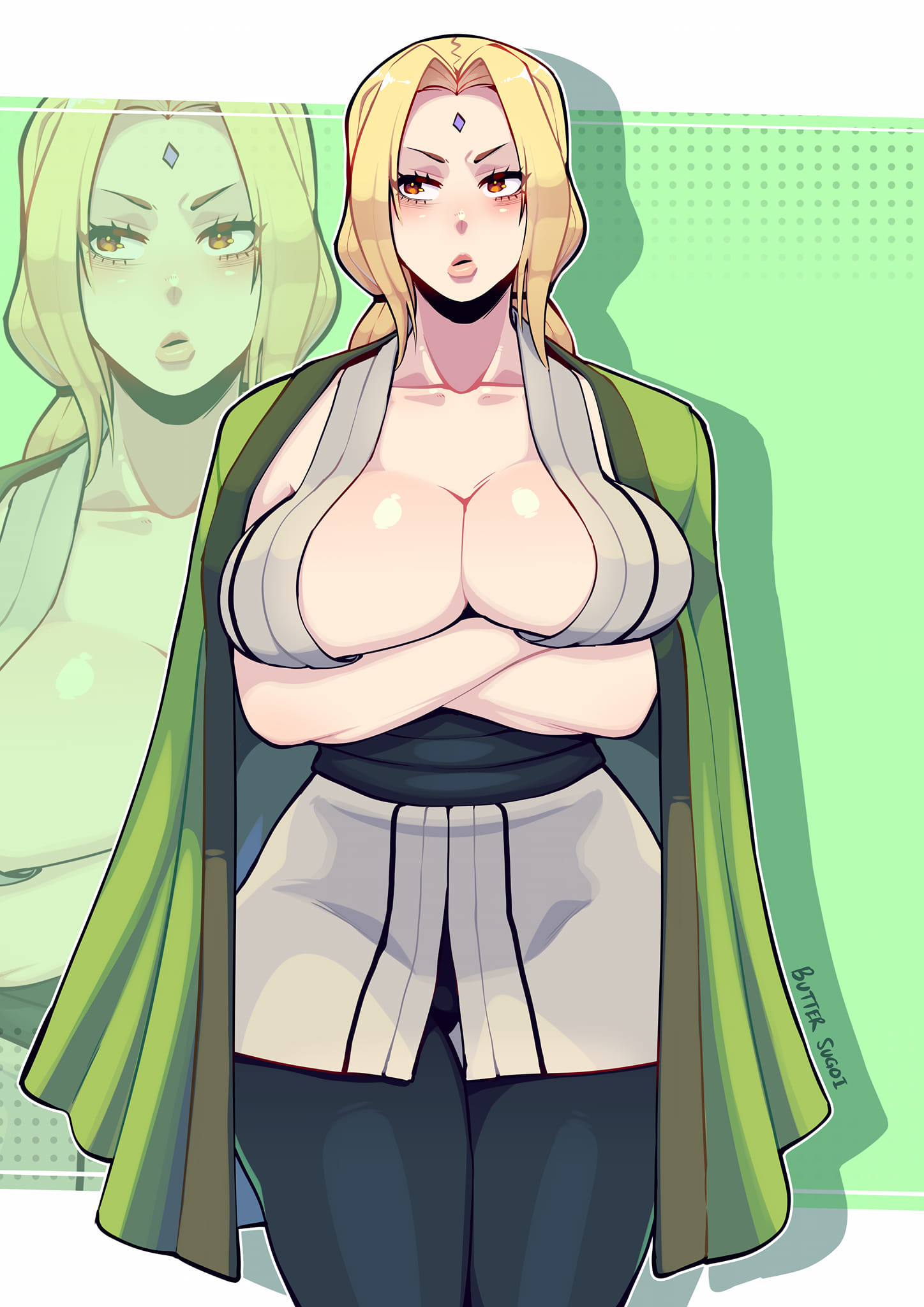1girls, arms under breasts, artist name, black pants, blonde hair, breasts, butter sugoi, collarbone, commentary, cowboy shot, crossed arms, facial mark, female, forehead mark, gluteal fold, green background, haori, highres, japanese clothes, kimono, large breasts, naruto, naruto (series), pants, sidelocks, signature, solo, thick lips, thigh gap, tsunade, zoom layer