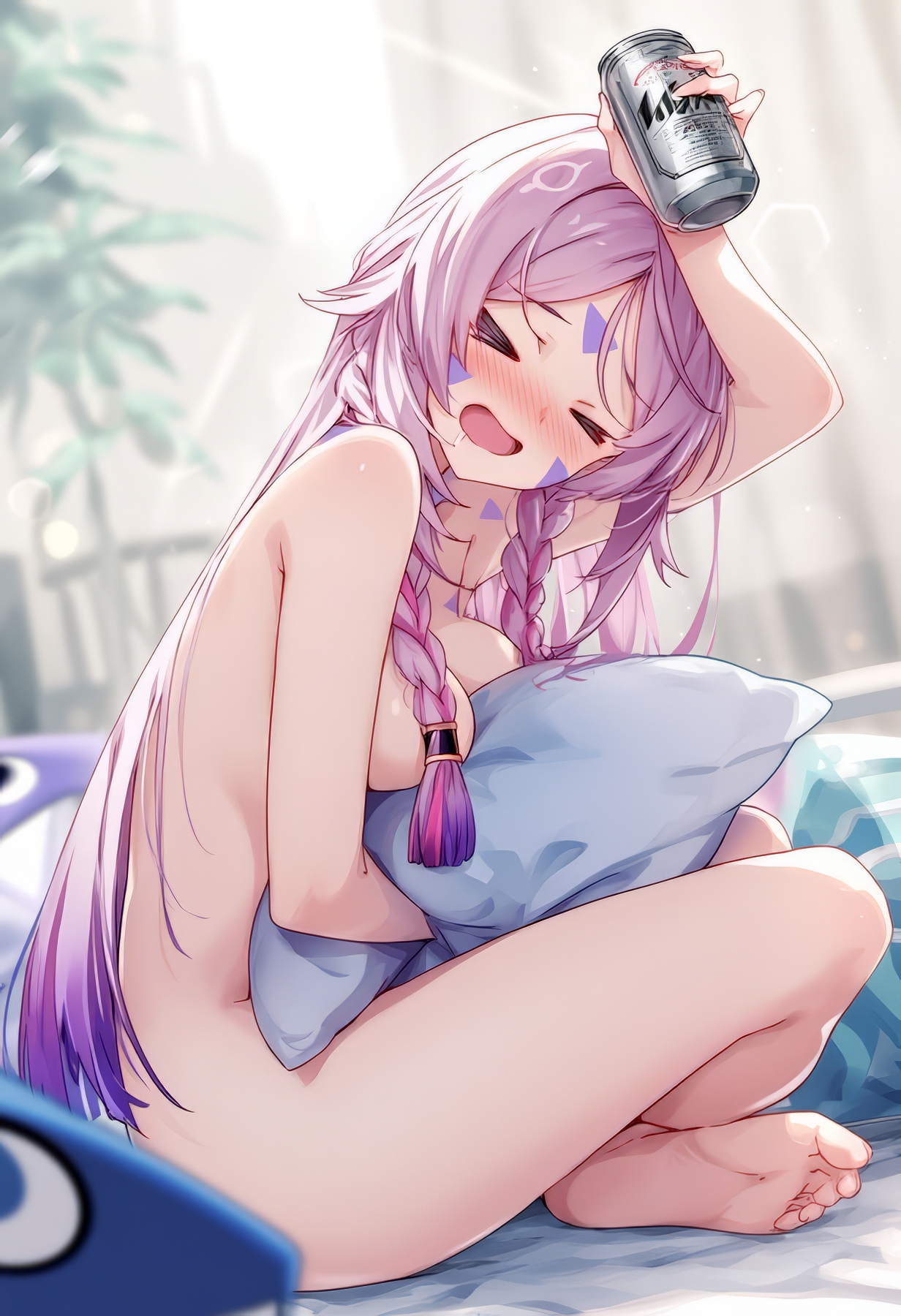 ai generated, beer can, citlali (genshin impact), closed eyes, crossed legs, daytime, drunk female, female, female only, flushed face, genshin impact, naked female, pink hair, raaicave, shoulders, sitting on bed, sunlight rays