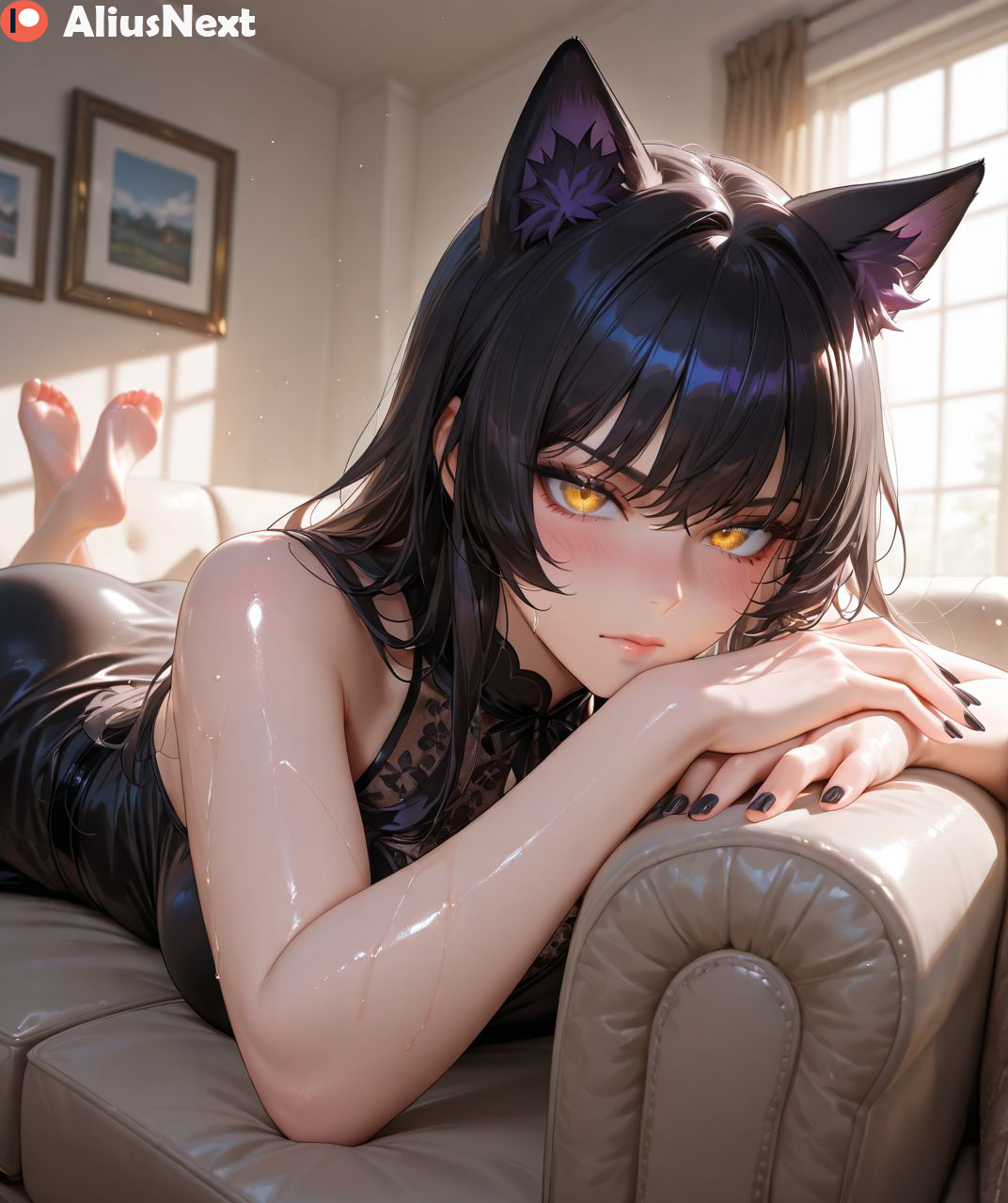 1girls, ai generated, aliusnext, ass, big ass, big breasts, black nails, blake belladonna, breasts, cat ears, cat girl, cat tail, catgirl, feet, female, female only, foot fetish, hi res, high quality, high resolution, highres, light skin, light-skinned female, lingerie, massive ass, massive breasts, mature, mature female, nail polish, patreon, rwby, soles, sweat, sweatdrop, sweating, sweaty, sweaty body, toes