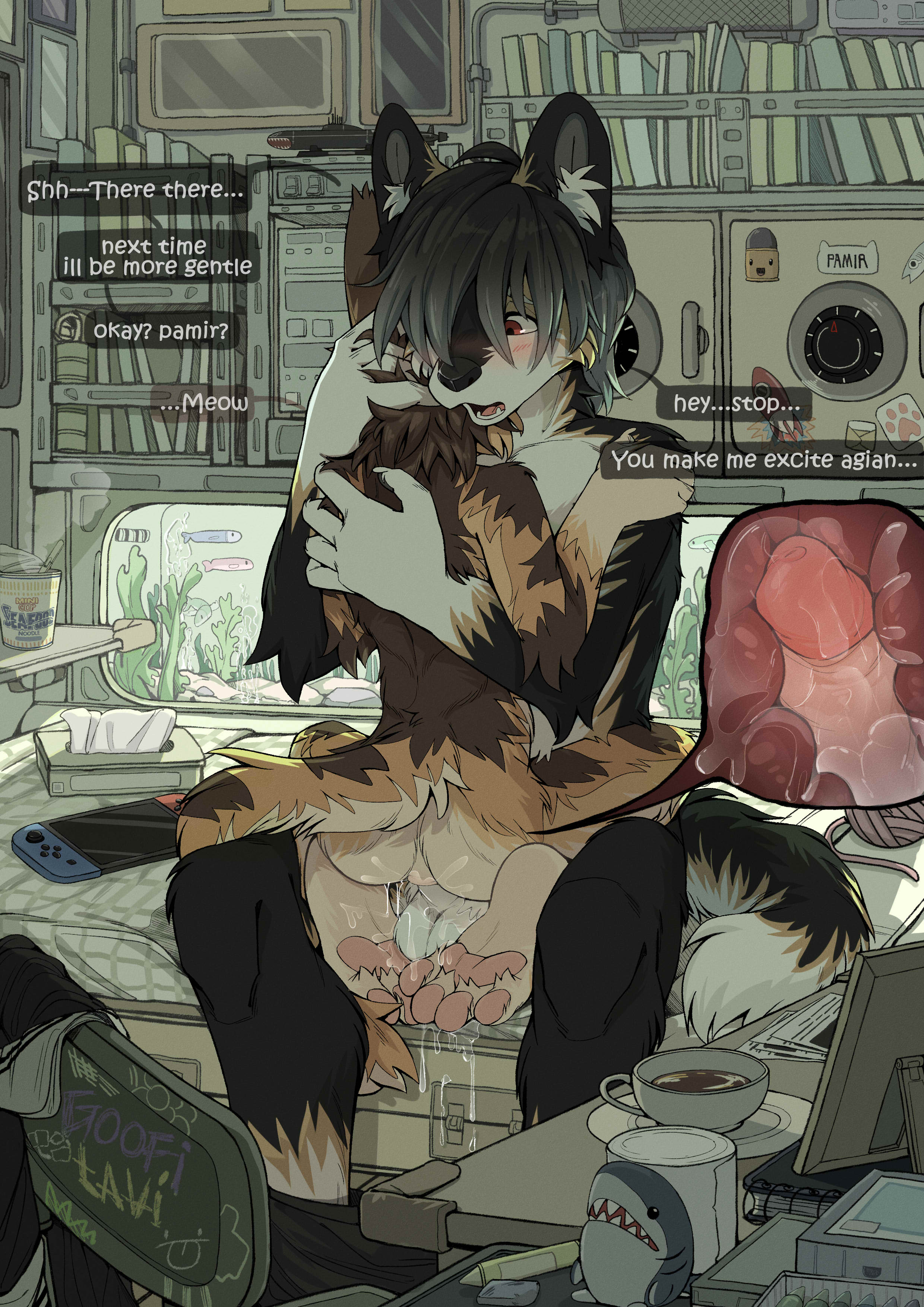 age difference, ambiguous fluids, anal, anal sex, anthro, anthro on anthro, anus, ass, big dom small sub, bodily fluids, canine, clothing, cub, cum, cum drip, cum in ass, cum inside, domestic cat, dominant, engrish, excited, felid, feline, foot fetish, fur, gay, gay domination, gay male, hug, makioraku, male, male cub, male only, male penetrating, male penetrating male, male/male, mammal, orgasm, penis, penis in ass, shy, size difference, stealth sex, yaoi, young, younger male