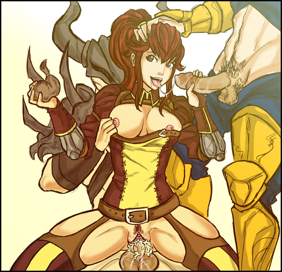 1girls, 2boys, anna (fire emblem awakening), anna (fire emblem), balls, belt, breasts, breasts out, brown eyes, clitoris, cum, cum in pussy, cum inside, cum string, dick hammersmith, female, fire emblem, fire emblem awakening, garter straps, hand on head, handjob, long hair, male, money, multiple boys, multiple males, nintendo, nipples, open mouth, penis, ponytail, prostitution, pubic hair, pussy, red hair, reverse cowgirl position, sex, smile, straight, testicles, threesome, tied hair, vaginal penetration