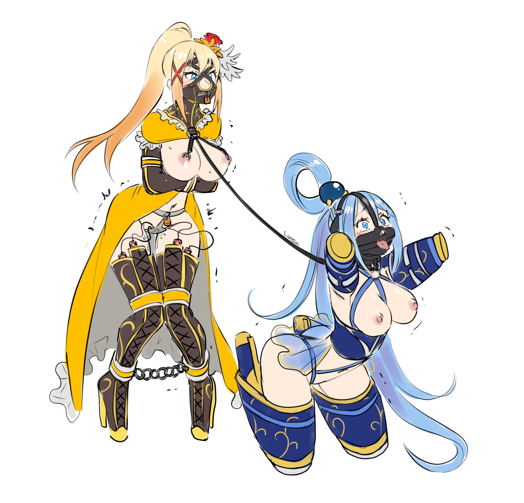 2girls, aqua (konosuba), armbinder, ballet boots, ballet heels, bdsm collar, bdsm gear, bdsm harness, bdsm outfit, big breasts, bitch taken for walk, bitchsuit, bondage, bondage gear, bondage outfit, bound, breasts, chastity, chastity belt, chastity device, darkness (konosuba), dress, eudetenis, exposed breasts, female, female chastity, female only, femsub, gag, gagged, harness ring gag, helpless female, helpless girl, high heels, kono subarashii sekai ni shukufuku wo!, leash, leashed collar, leashed together, legbinder, mouth corset, muzzle gag, neck corset, nose piercing, petplay, pierced nipples, ponytail, posture collar, puppyplay, pussy, ring gag, slave, slave collar, slave girl, slavegirl, teen, teen girl, teenage girl, teenager, tongue piercing, very high heels, vibrator in pussy, women livestock, zipper mouth