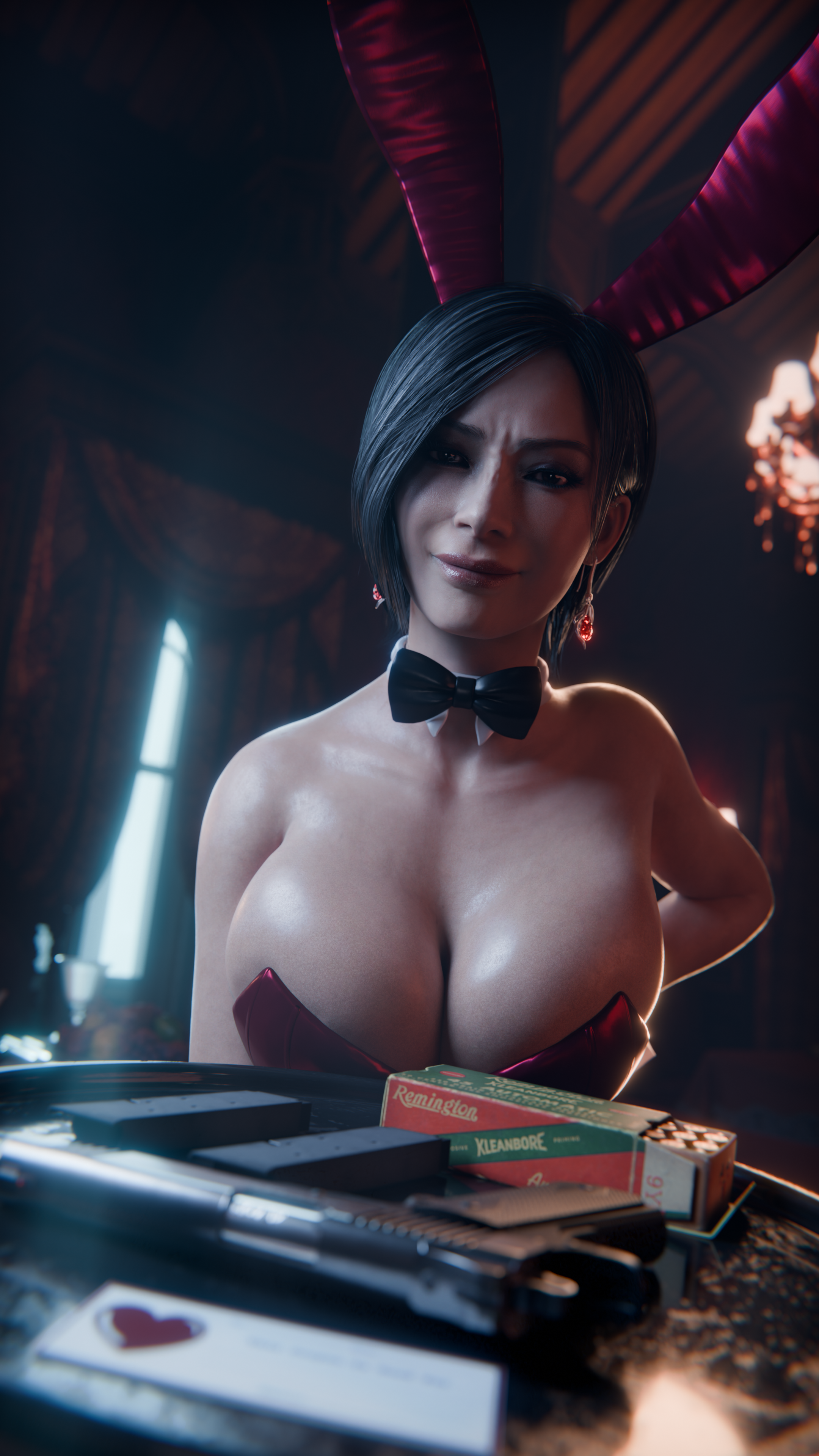 1girls, 3d, ada wong, big breasts, breasts, bunny ears, bunny tail, bunnysuit, capcom, cleavage, female, full lips, human, human female, large breasts, leotard, light-skinned female, looking at viewer, mature female, resident evil, resident evil 2, resident evil 4, serpentorder