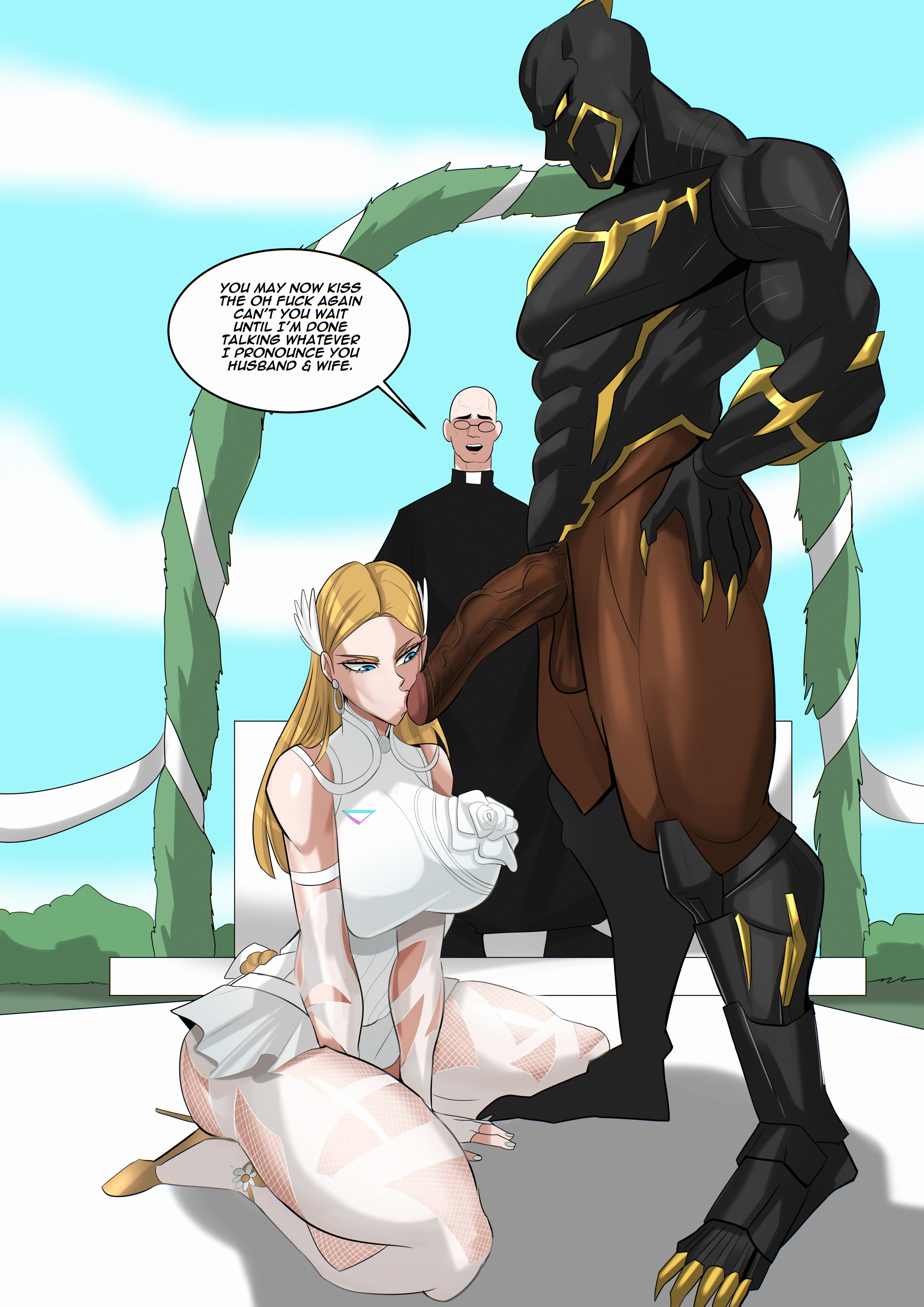 1girls, 2boys, 2d, abs, altar, ass, big ass, big breasts, black cock, black dick, black guy, black male, black man, black panther (marvel rivals), black panther (marvel), black panther (series), black penis, blonde, blonde female, blonde hair, blonde-haired female, blue eyes, blue sky, blue sky background, blue-eyed female, breasts, cheating, cheating on wedding day, cheating wife, clothed, clothed female, clothing, clouds, consummation, dark penis, dark skin, dark-skinned male, dialogue, duo, english, english text, eyelashes, fantastic four, female, full body, hands on hips, hands on waist, heels, high heels, human, interracial, invisible woman, invisible woman (marvel rivals), invisible woman (the life fantastic), kissing, kissing penis, light-skinned female, male, male/female, married to penis, marvel, marvel comics, marvel rivals, mask, mask on, mask on face, mask on head, masked, masked male, muscles, muscular, muscular male, no pants, on knees, pale skin, penis, sue richards, sue storm, t'challa, text, thick thighs, vein, veiny, veiny penis, venomarts00, wedding, wedding day, wedding dress, zstorys22