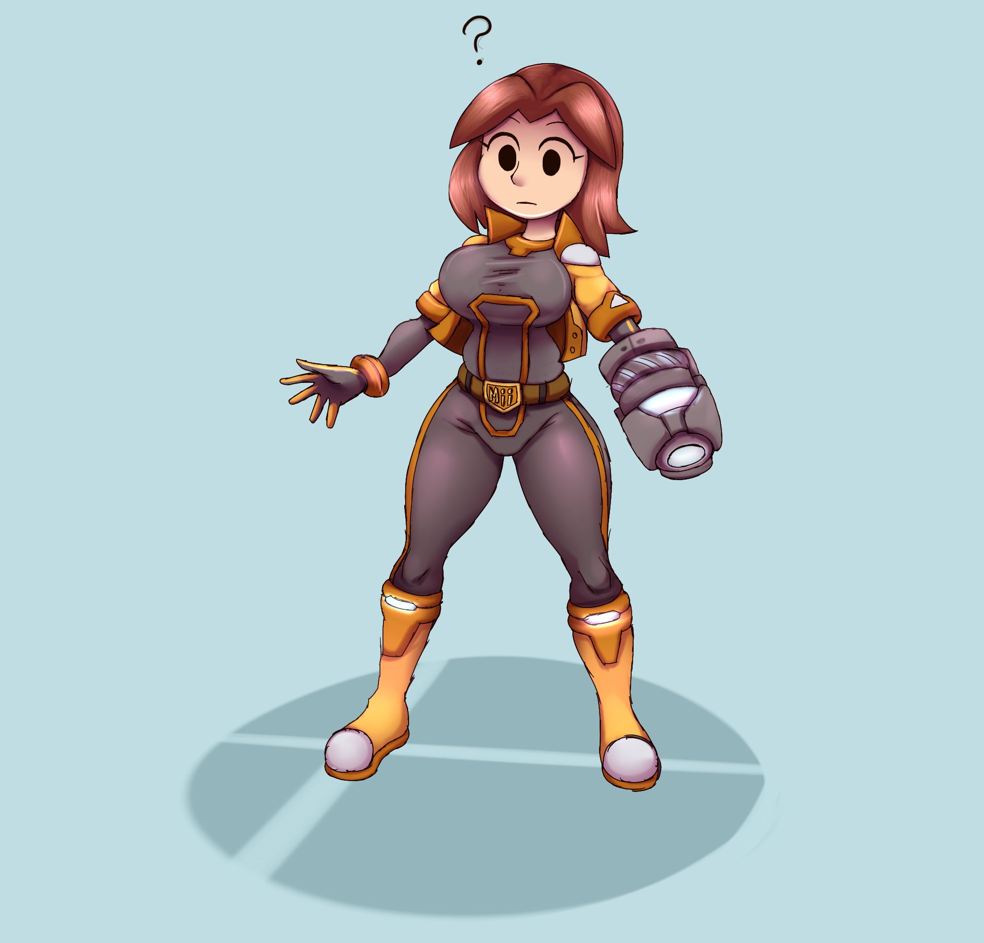 ?, 1girls, alternate costume, arm cannon, belt, black suit, blue background, boots, breast expansion, breast focus, breast growth, breast growth (enlargement), breasts, brown hair, color, colored, expansion, female, female only, fully clothed, gloves, image set, jacket, light skin, light-skinned female, metachoke, mii, mii gunner, mii gunner (smash 4), mob face, nintendo, orange boots, orange jacket, shaded, simple background, smash logo, solid color background, super smash bros., super smash bros. for nintendo 3ds and wii u, tight clothing