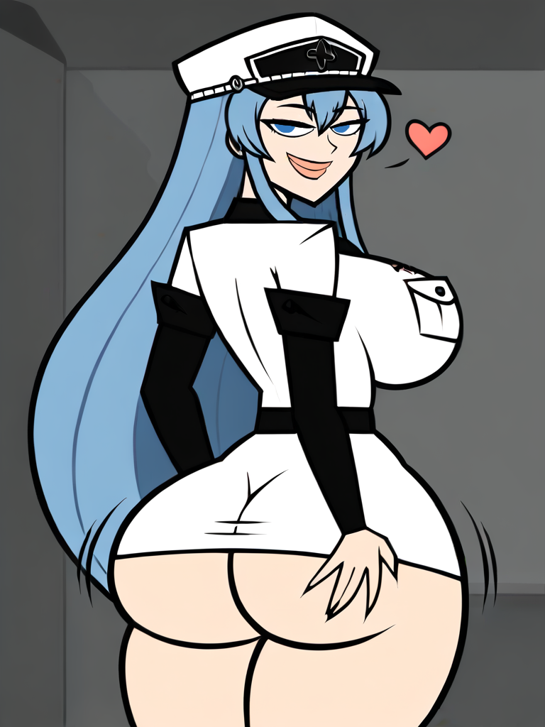 1girl 1girls ai_generated akame_ga_kill! ass_focus ass_grab back_view big_ass big_breasts blue_eyes blue_hair breasts cap crossover esdeath_(akame_ga_kill!) female headwear heart looking_at_viewer looking_back smug smug_face solo solo_female thick_thighs total_drama_(series) total_drama_island white_clothing