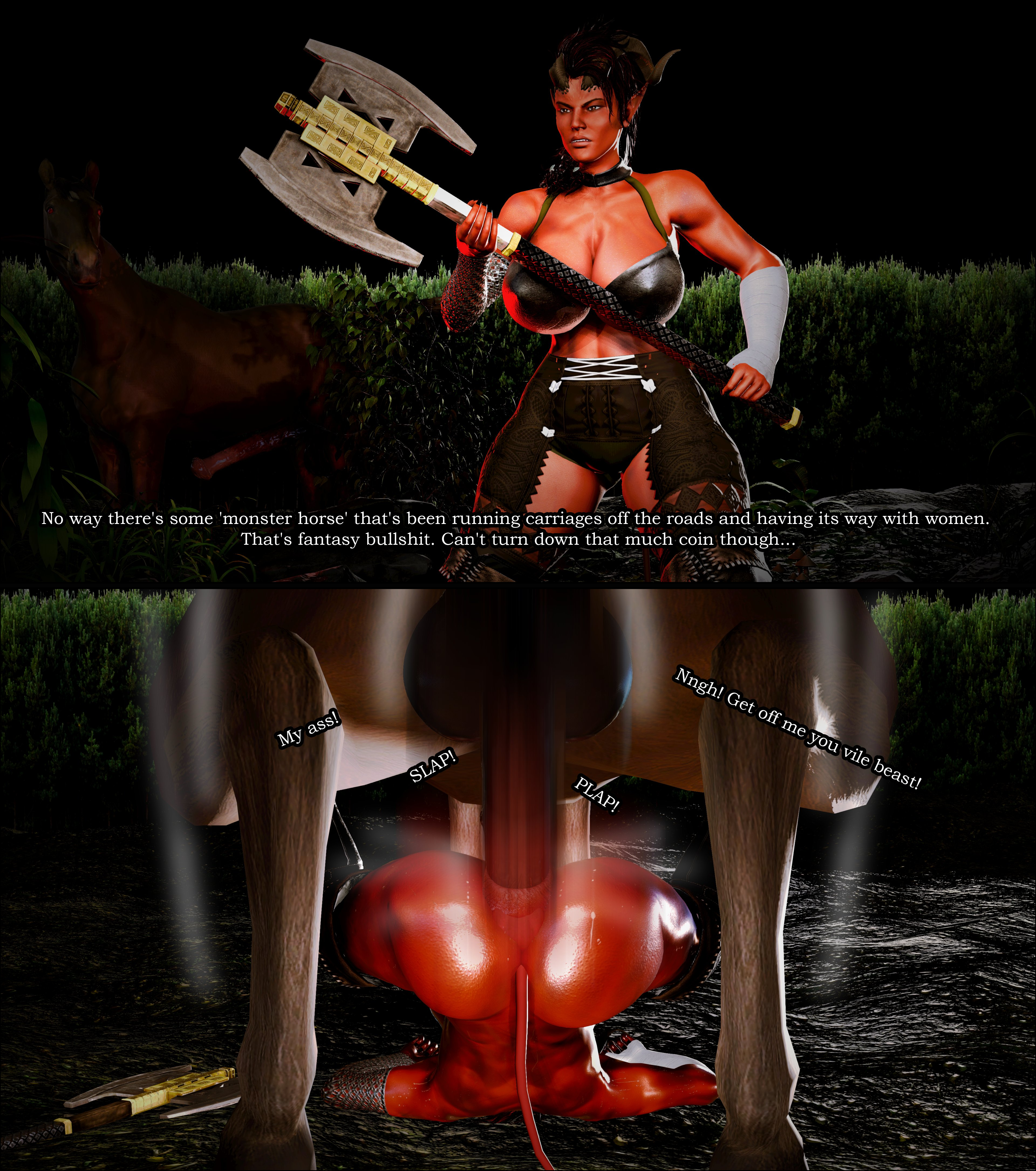 2koma, 3d, baldur's gate 3, before and after, bestiality, big breasts, breasts, defeated, demon, demon girl, english, english text, female, forced, horse, horsecock, instant loss, instant loss 2koma, karlach, kirinonsfw, male, monster, monster rape, penis, pinned, rape, raped, raped by animal, raped by monster, red body, text