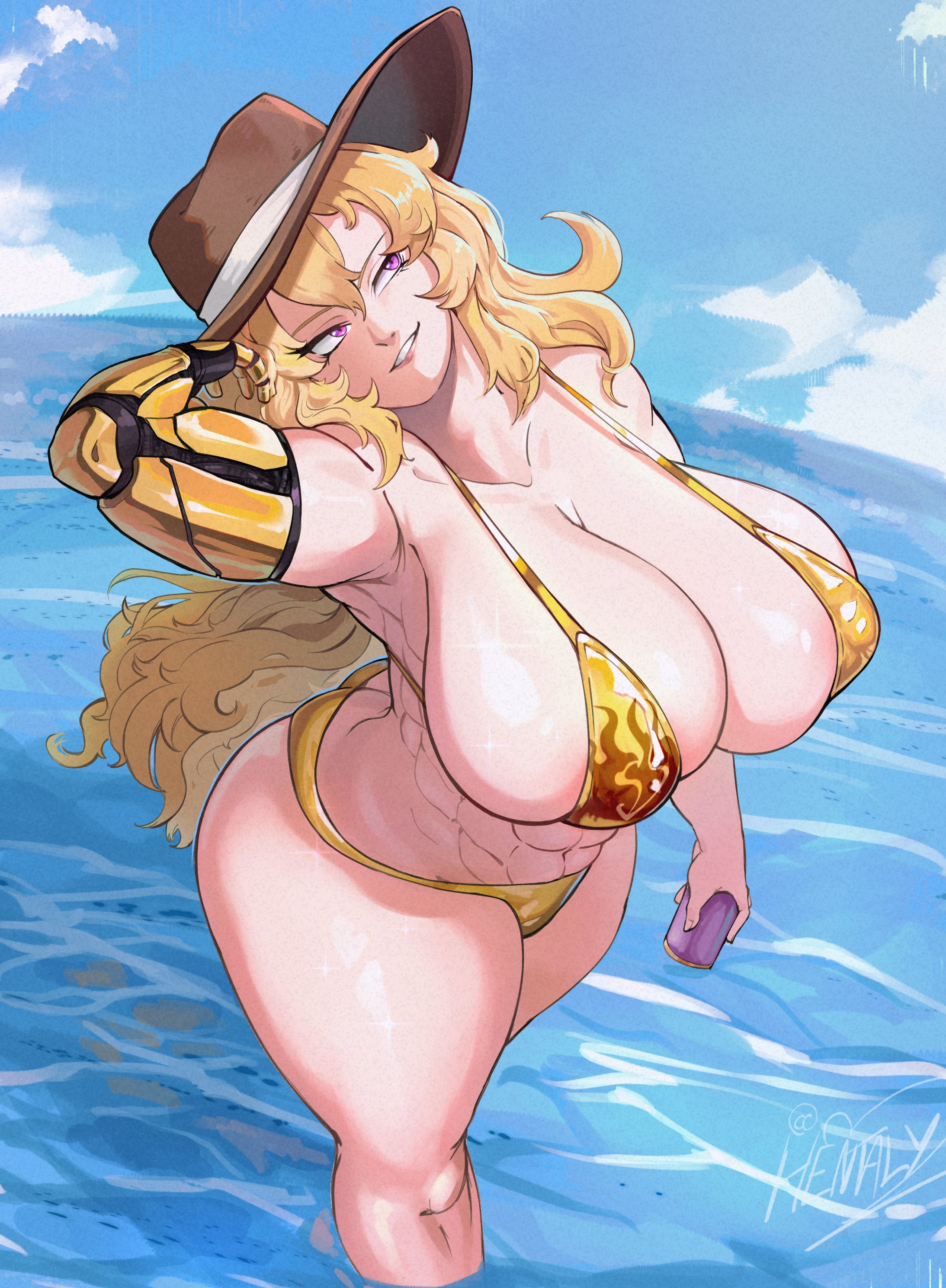 1girls, abs, arm behind head, armpits, big breasts, blonde female, blonde hair, breasts, busty, covered nipples, cowboy hat, erect nipples under clothes, female, female only, gold bikini, golden bikini, hentaly, hi res, huge breasts, light skin, light-skinned female, muscular, muscular female, pose, posing, prosthetic arm, purple eyes, rwby, sea, sensual, smile, solo, thong bikini, voluptuous, yang xiao long