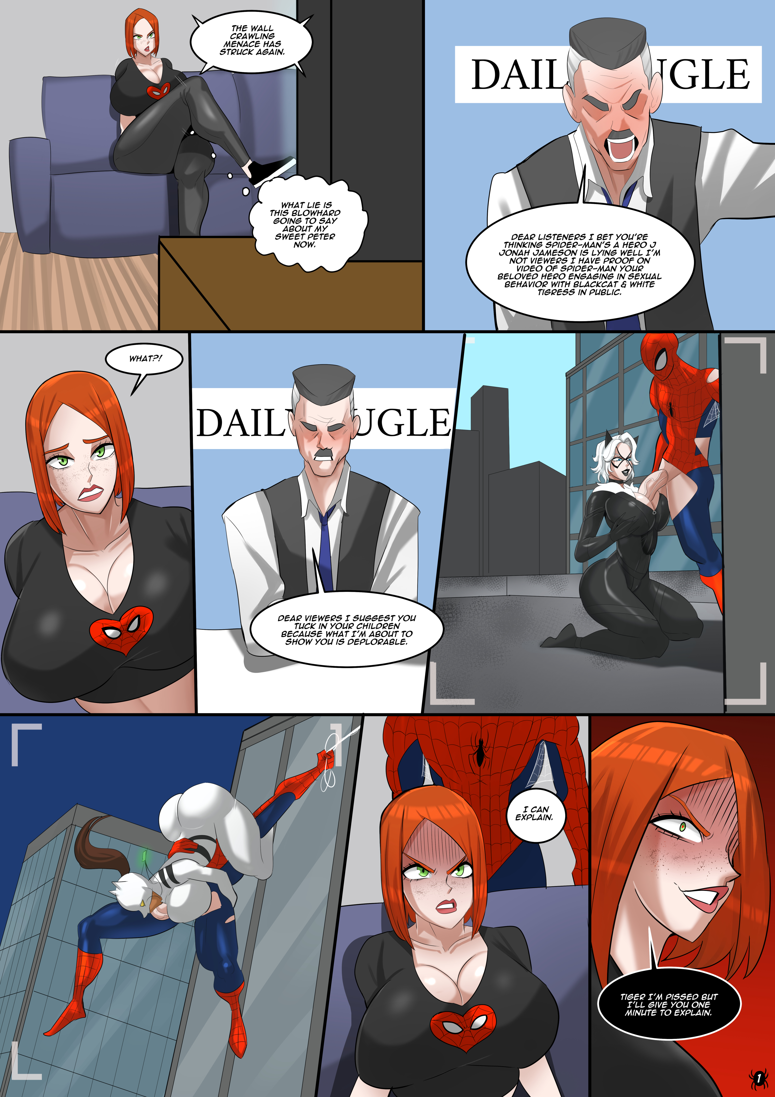 2d, ass, ava ayala, big ass, big breasts, black cat (marvel), blowjob, boobjob, breasts, comic, dark-skinned female, english text, felicia hardy, female, ginger, ginger female, ginger hair, green eyes, interracial, interracial fellatio, j jonah jameson, light-skinned female, light-skinned male, male, marvel, marvel comics, mary jane watson, peter parker, red hair, red-haired female, ripped clothing, spider-man, spider-man (series), text, titjob, tits, venomarts00, white tiger (marvel), zstorys22