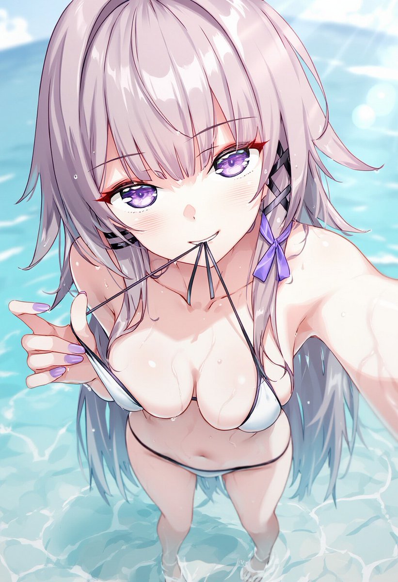 1girls, ai generated, armpit, bikini, breasts, close-up, female, female only, honkai: star rail, ocean background, purple hair, raaicave, selfie pose, shoulders, the herta (honkai: star rail)
