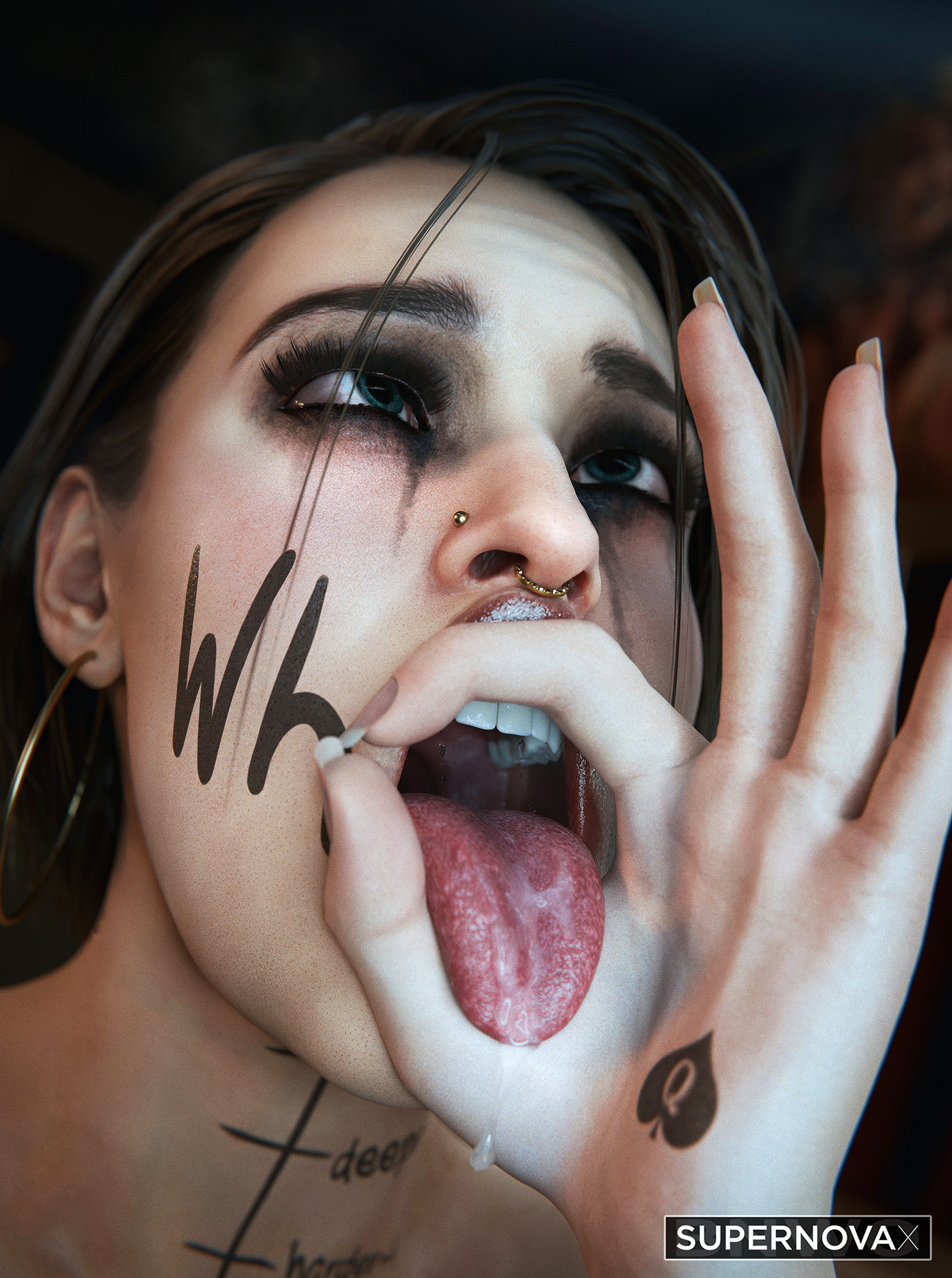 1girls, 2025, 3d, ahe gao, ahegao, artist name, biohazard, blowjob gesture, body writing (whore), capcom, close-up, earrings, eyes rolled back, eyes rolling back, eyeshadow, face, face closeup, face shot, fellatio, fellatio gesture, female, female only, hole spelling, hoop earrings, implied fellatio, implied oral, jill valentine, jill valentine (sasha zotova), mascara, measurements, measuring, measuring penetration depth, nose piercing, nose ring, penetration depth mark, piercing, qos, qos tattoo, queen of spades, resident evil, resident evil 3, resident evil 3 remake, ruined makeup, running mascara, runny makeup, runny mascara, solo, spade tattoo, suggestive, suggestive gesture, supernovax, tagme, teeth, tongue, tongue out, watermark, writing on face, writing on face (whore)