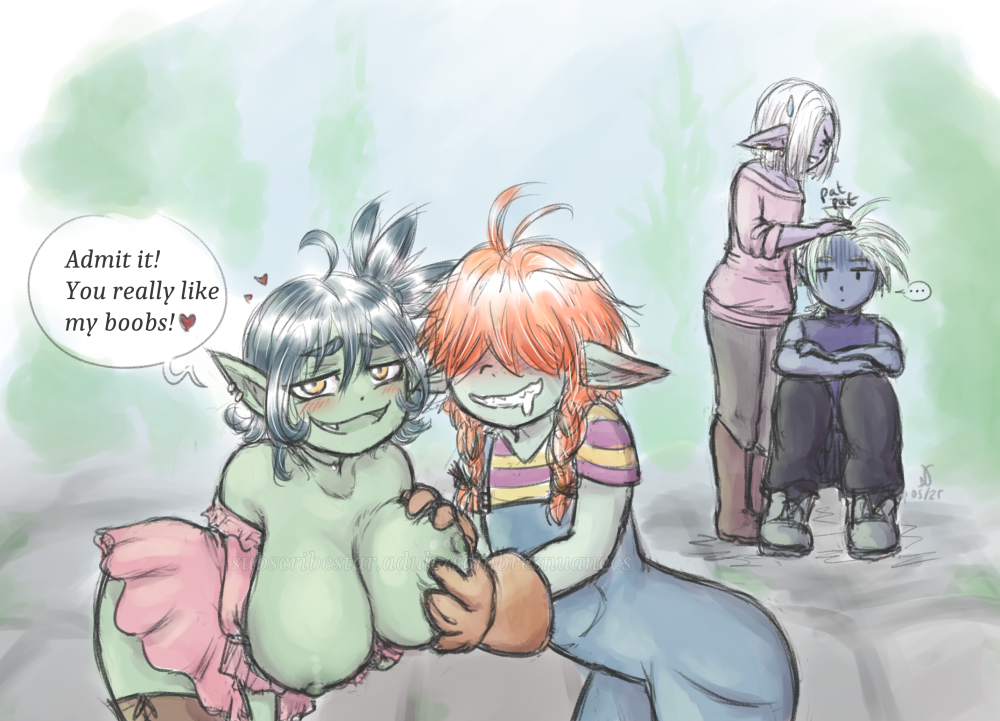 artist big_breasts breasts fantasy female femboy goblin goblin_female goblin_male nsfw oc red_hair shortstack shortstack_female shortstack_femboy sombresnuances yuri