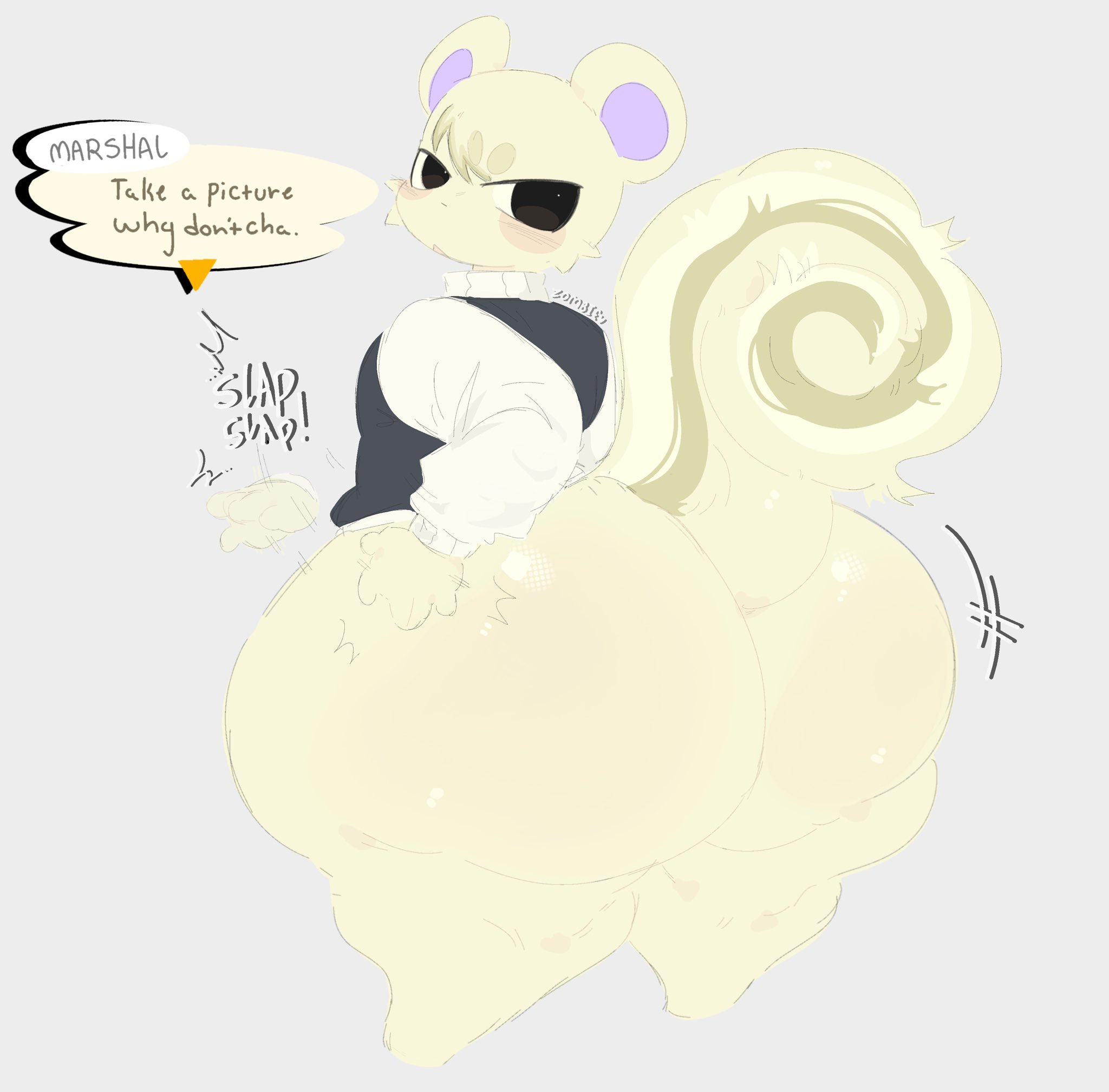 2024, 5 fingers, animal crossing, anthro, ass, big ass, big butt, butt slap, clothing, dialogue, english description, english text, fingers, fur, head tuft, hi res, huge ass, huge butt, hyper, hyper ass, hyper butt, looking back, male, mammal, marshal (animal crossing), nintendo, rear view, rodent, sciurid, simple background, slap, slapping own butt, slapping self, solo, speech bubble, squirrel, standing, sweater, tail, text, thick thighs, topwear, tree squirrel, tuft, white background, white body, white fur, zombvie00