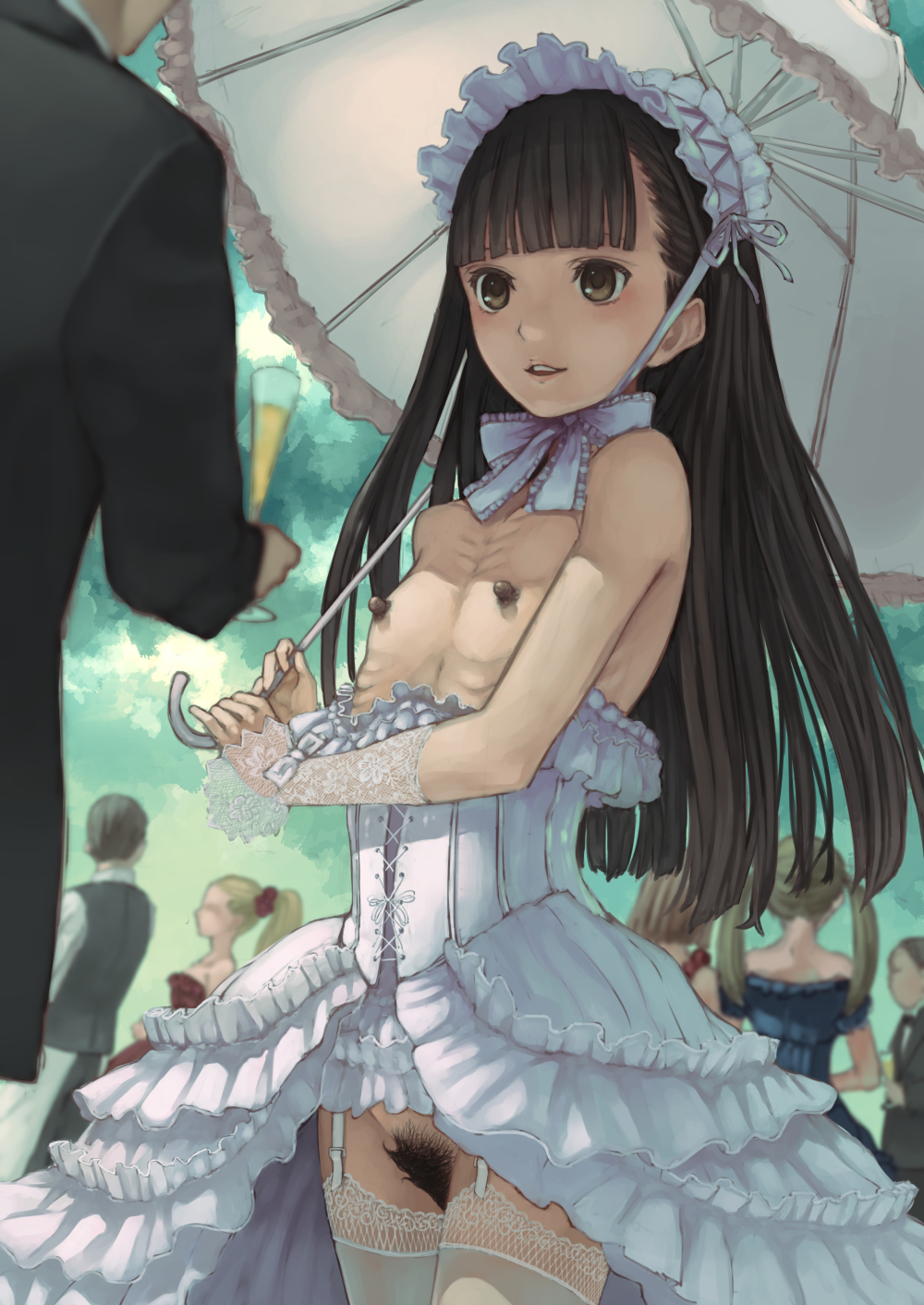 alcohol bangs bare_shoulders blonde_hair blunt_bangs bonnet bow breastless_clothes brown_eyes brown_hair champagne corset dark_nipples dress flat_chest frilled_dress frills garter_straps gloves highres holding lace lace-trimmed_thighhighs light_smile long_hair looking_at_another neck_ribbon nipples no_panties original parasol parted_lips ponytail pubic_hair revealing_clothes ribbon ribs skinny solo_focus thighhighs tied_hair twintails umbrella yuzawa