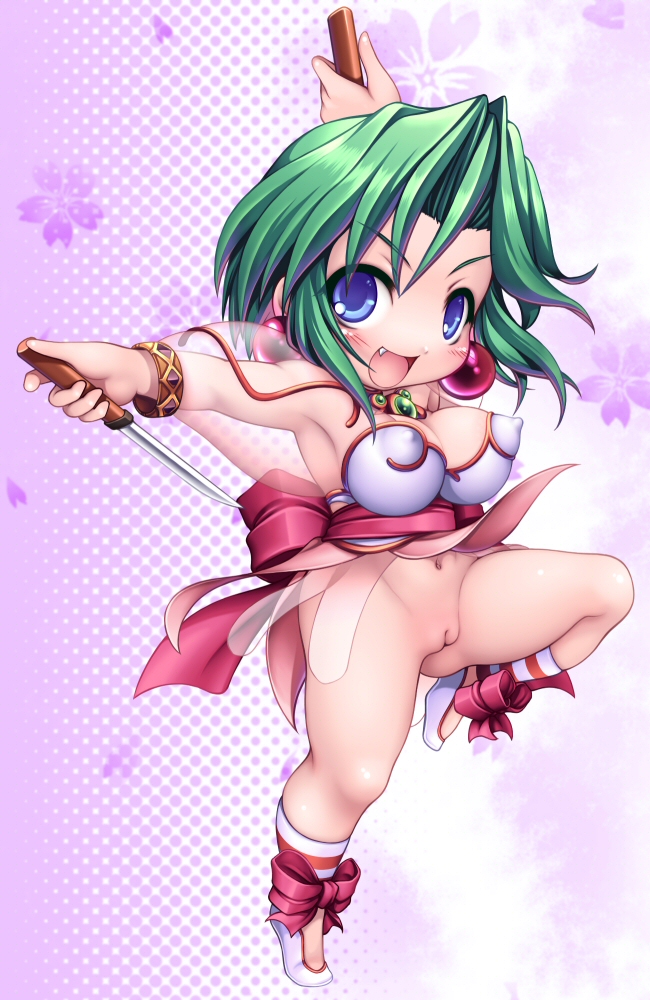 ankle_cuffs armpits arms_up battle_arena_toshinden blue_eyes bow breasts chabo_(fuketsudan) chibi clothing covered_nipples cute_fang dagger dual_wielding earrings ellis_(battle_arena_toshinden) erect_nipples female green_hair jewelry large_breasts navel necklace on_one_foot pink_background pussy ribbon shoes short_hair smile solo standing weapon