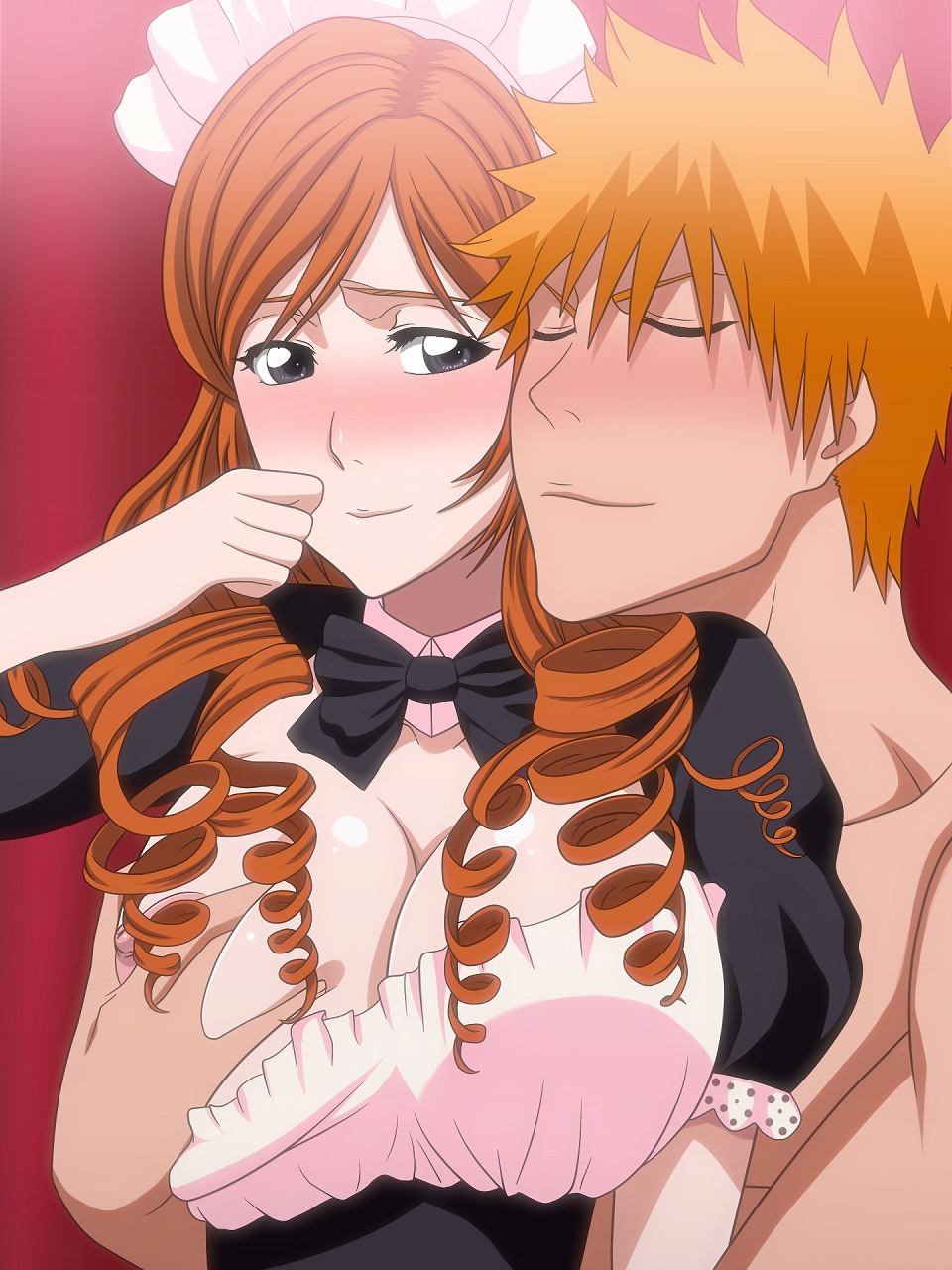 1boy, 1girls, bleach, blush, breast grab, breast slip, breast squeeze, breasts, cleavage, cleavage cutout, curly hair, female, highres, ichigo kurosaki, inoue orihime, kh-fullhouse, long hair, maid, maid headdress, male, nipples, one breast out, orange hair, smile