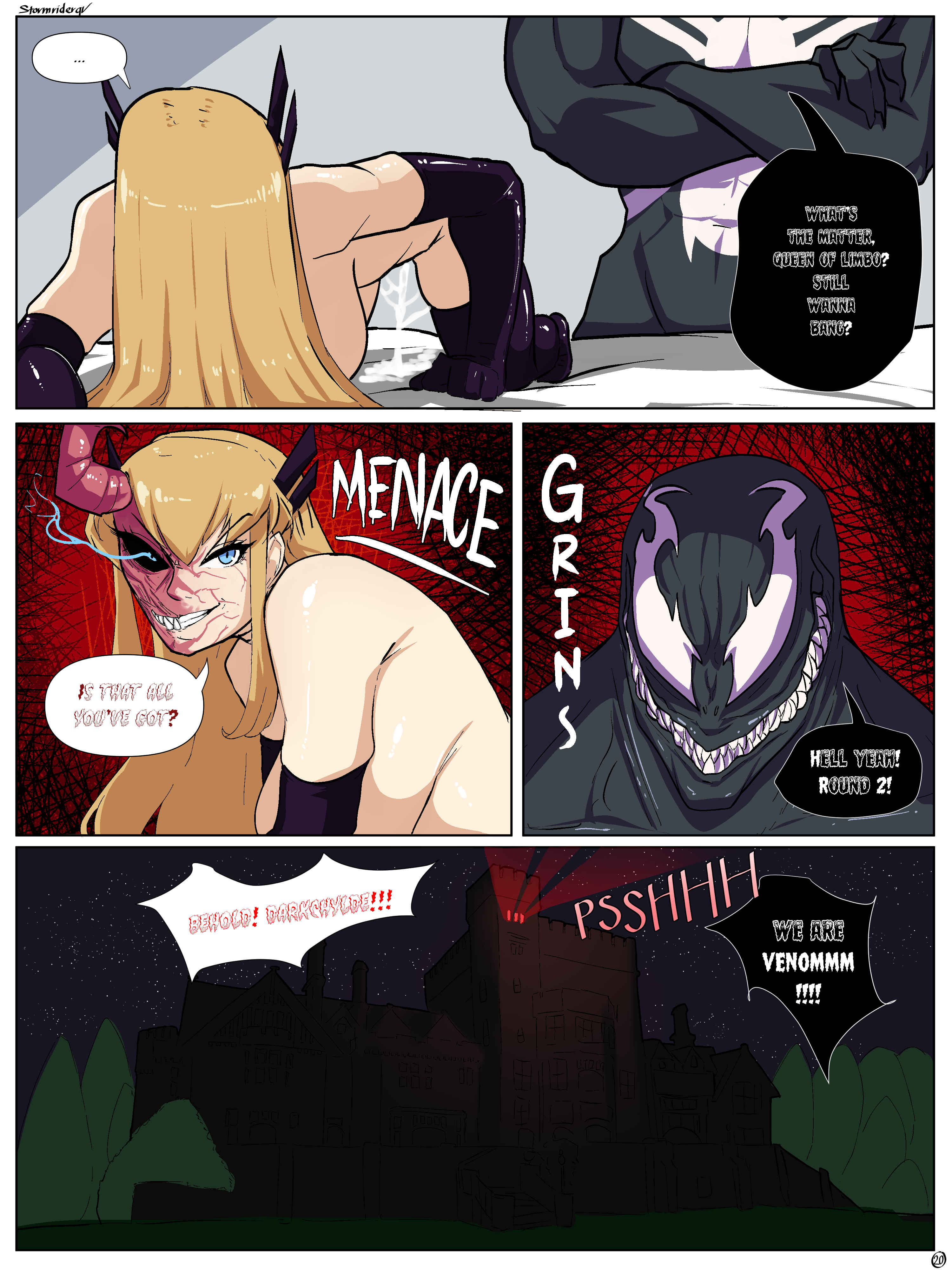 1boy, 1girls, black body, black sclera, blonde hair, blue eyes, comic, comic page, demon, demon girl, demon horns, dialogue, elbow gloves, empty eyes, english text, female, hair ornament, horns, light skin, light-skinned female, magik (darkchylde), magik (illyana rasputin), magik (marvel rivals), male, marvel, marvel comics, marvel rivals, no sex, page 20, page number, sharp teeth, speech bubble, spider-man (series), stormrider, stormriderqv, teeth, text, transformation, venom (marvel rivals), venom (marvel), white eyes, x-men