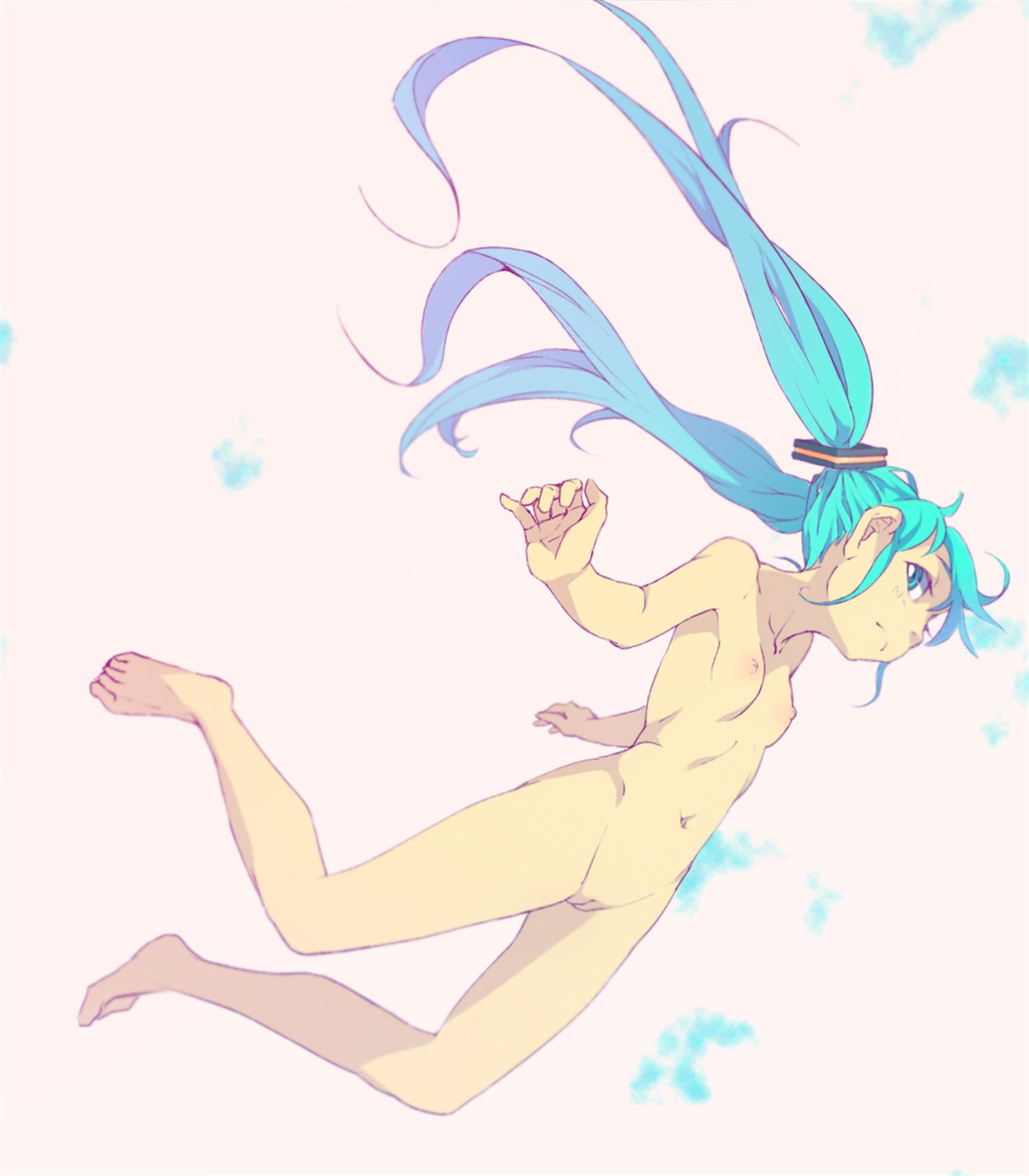 barefoot breasts falling female hatsune_miku hayyan highres innie_pussy long_hair navel nipples nude pussy small_breasts solo uncensored vocaloid