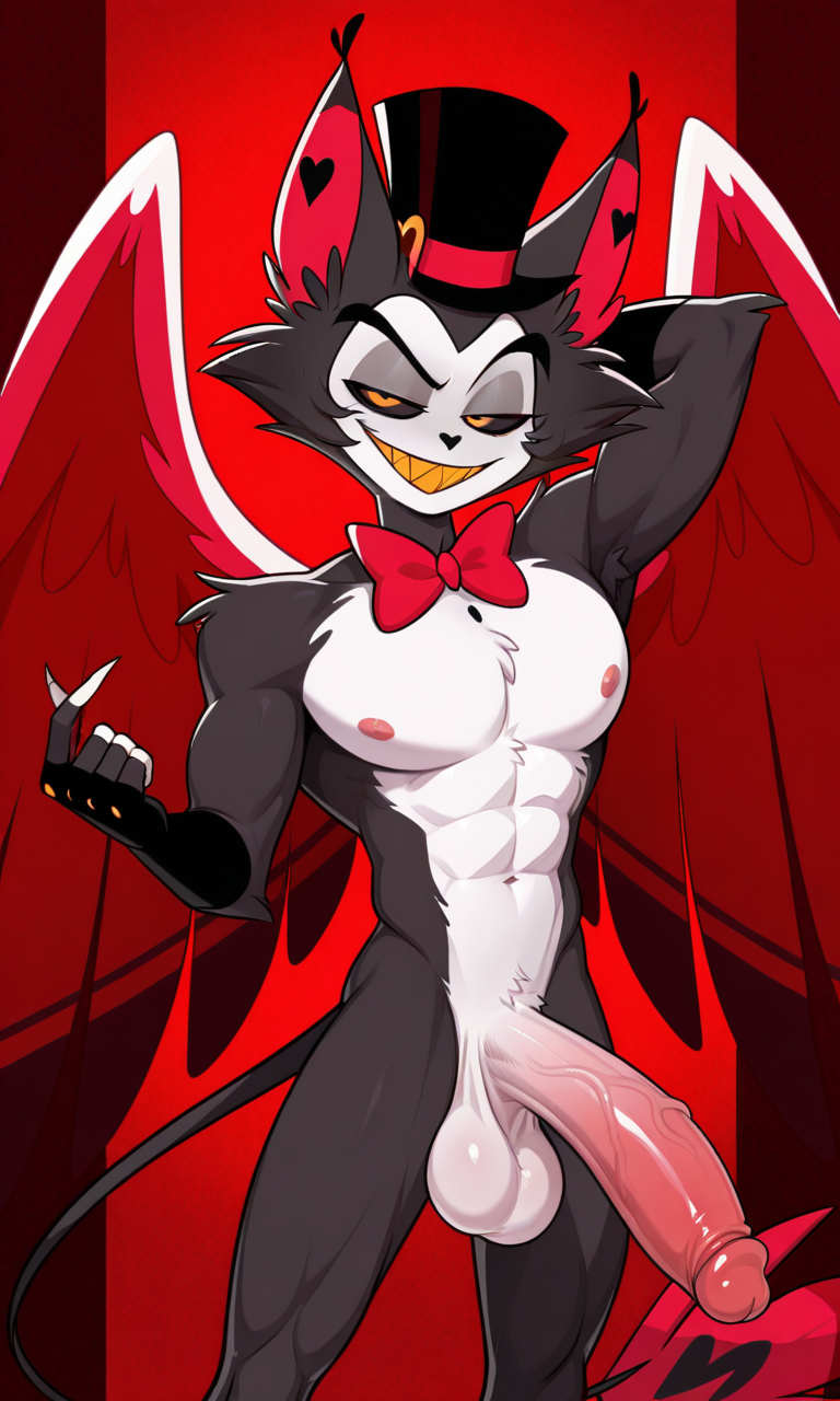 1boy abs ai_generated anthro balls big big_balls bowtie fingerless_gloves hazbin_hotel husk_(hazbin_hotel) male male_only muscular muscular_male pecs penis top_hat wings