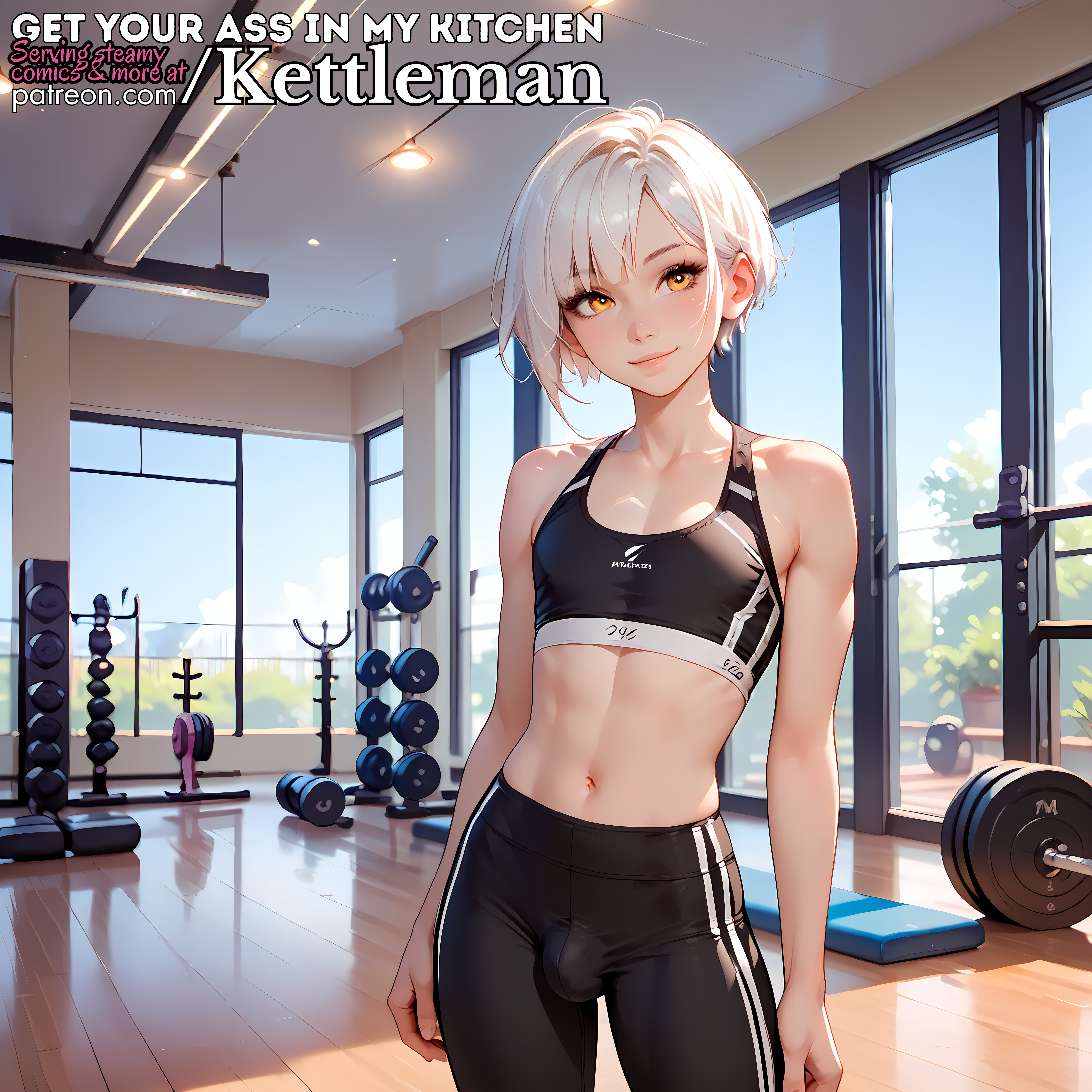 ai generated, amber eyes, bulge, crop top, cute, femboy, feminine, feminine male, gym, kettleman, leggings, male, petite, slender waist, slim waist, spandex, spandex pants, sports bra, sportswear, trap, twink, white hair, yellow eyes, yoga pants