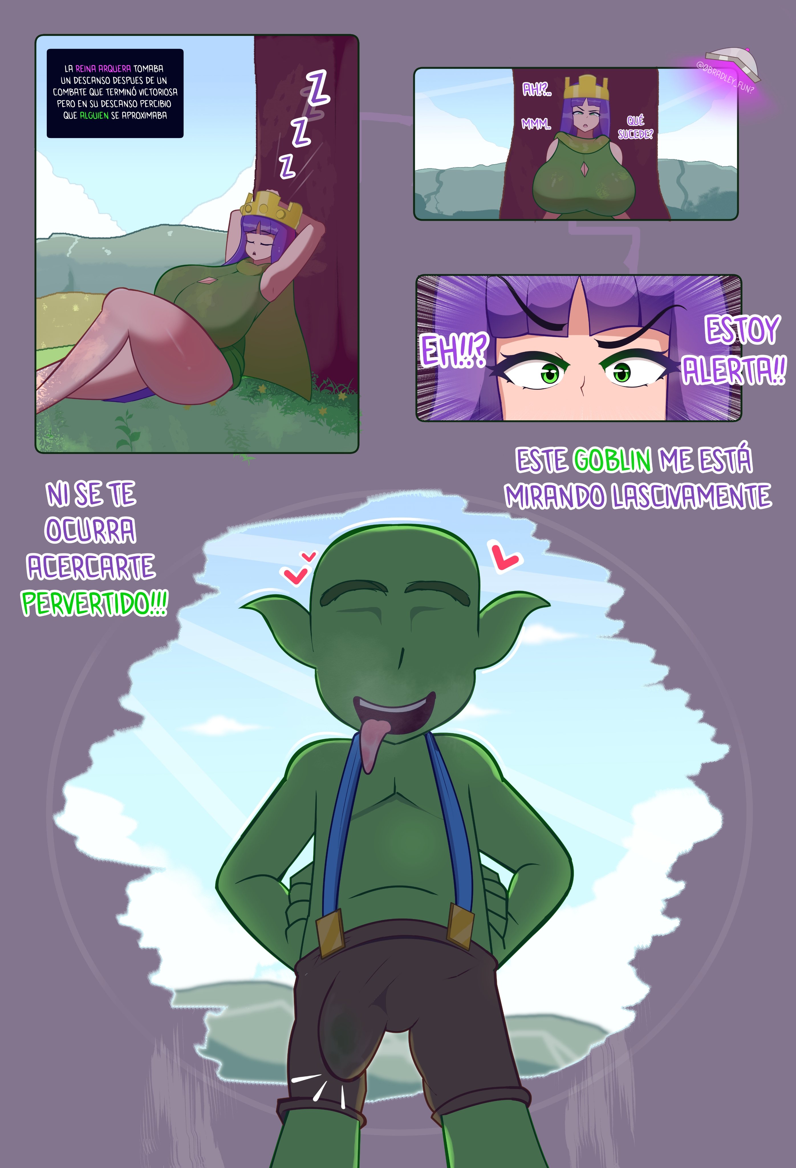 1boy, archer queen (clash of clans), archer queen (clash royale), big breasts, bradleyfun?, breasts, clash (series), clash of clans, clash royale, goblin, goblin (clash of clans), goblin (clash royale), green eyes, green skin, male, spanish text, translation request, violet hair