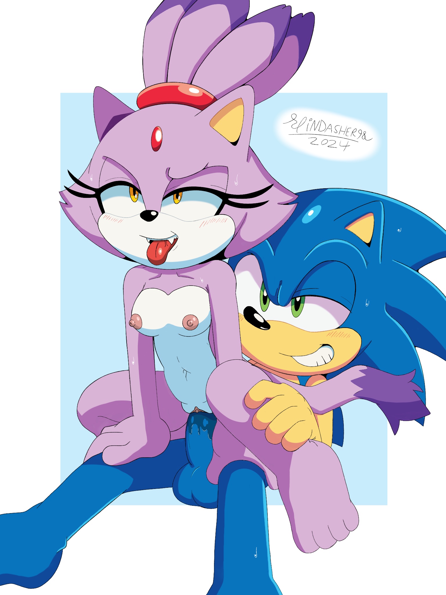 1boy, 1girls, blaze the cat, breasts, fangs, feet, feline, female, female on top, female penetrated, furry, looking pleasured, male, nipples, penetration, penis, pussy, sega, sex, small breasts, sonic (series), sonic the hedgehog, sonic the hedgehog (series), spindasher98, tongue, tongue out, vagina