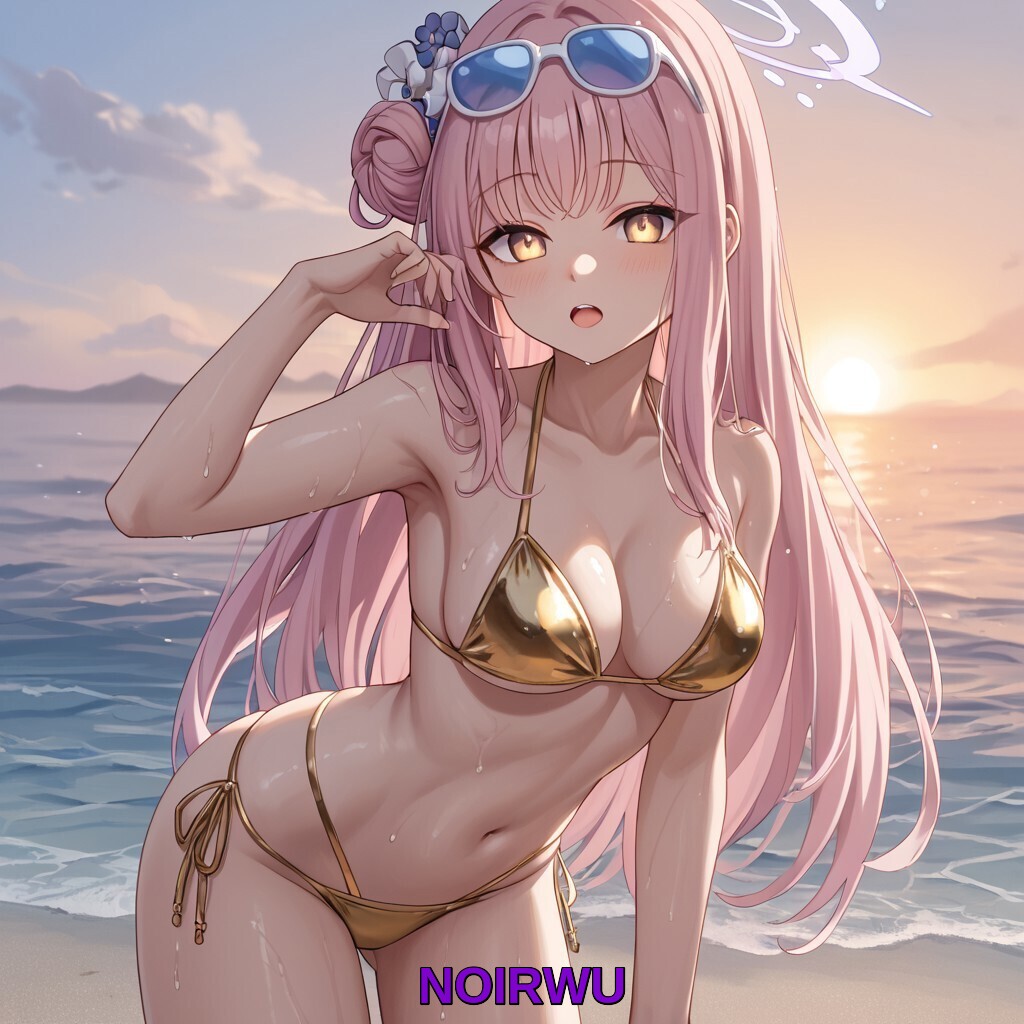 ai_generated ai_slop_(low_quality_ai) beach bikini blue_archive blush eyewear_on_head golden_bikini golden_eyes long_hair medium_breasts mika_(blue_archive) noirwu ocean open_mouth pink_hair sexy sexy_pose sunglasses sunset