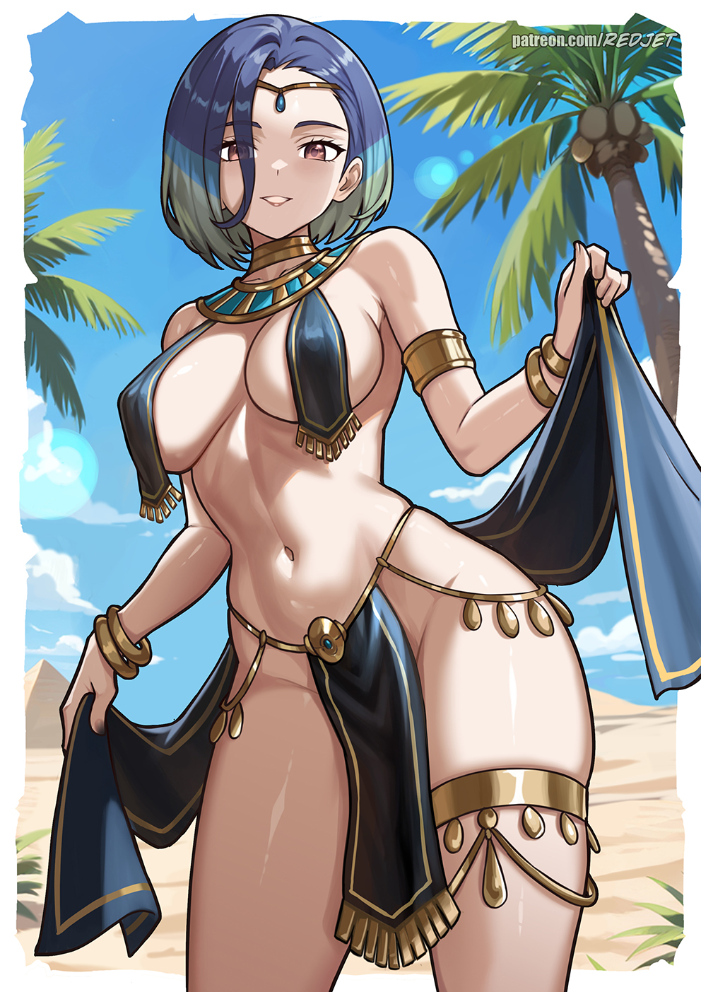 1girls, blue hair, breast curtains, breasts, collar, desert, female, harem outfit, jewelry, perrin (pokemon), pokemon, pokemon sv, red eyes, redjet, short hair, slave, smile