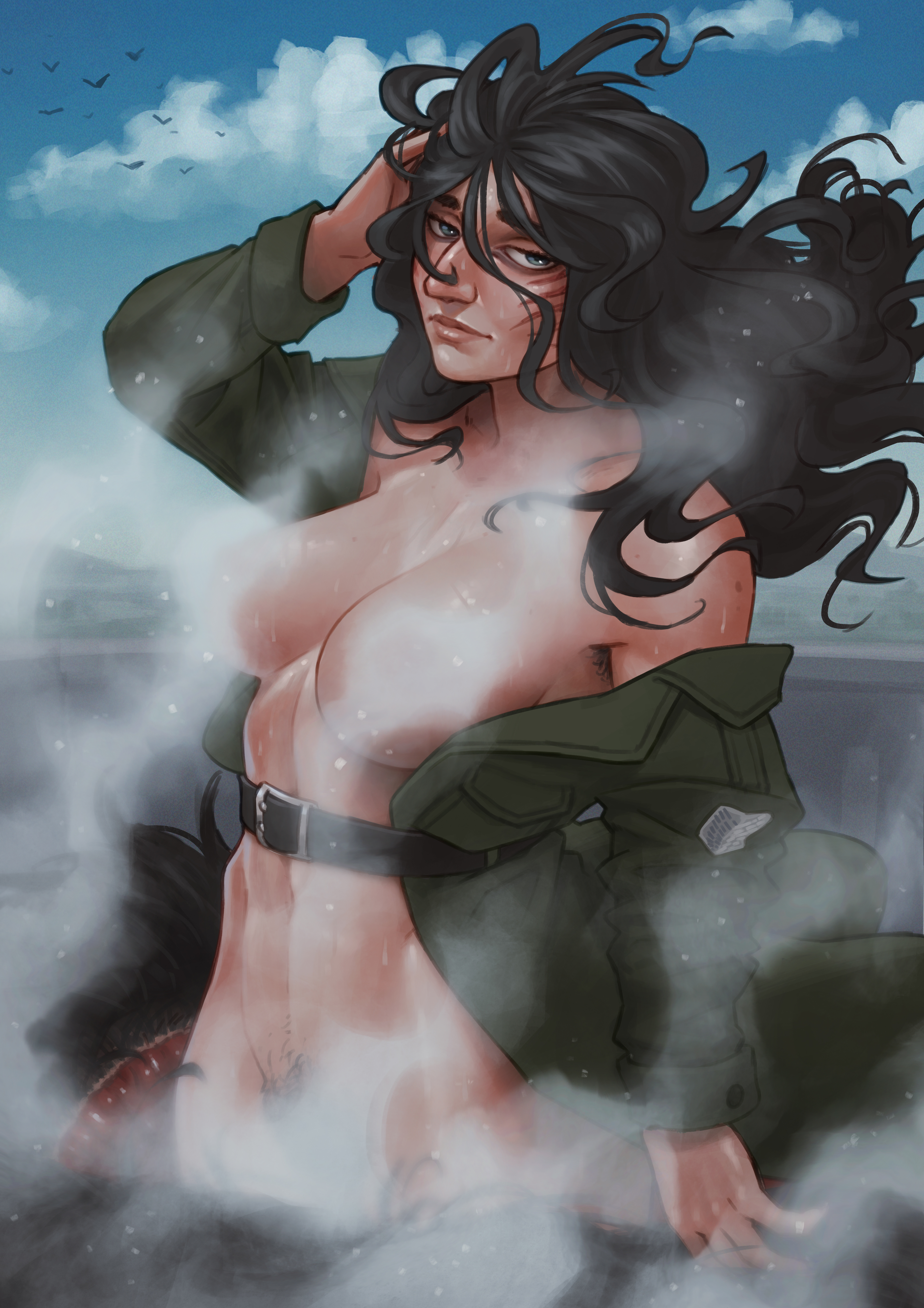 1girls, abs, athletic female, attack on titan, barely clothed, breasts, convenient censoring, disheveled clothing, disheveled hair, fanart, female, female abs, female focus, female pubic hair, female soldier, fit female, hairy pussy, large breasts, messy clothing, messy hair, pieck finger, pubic hair, pussy, shingeki no kyojin, soldier, solo, solo female, starlyve, titan marks