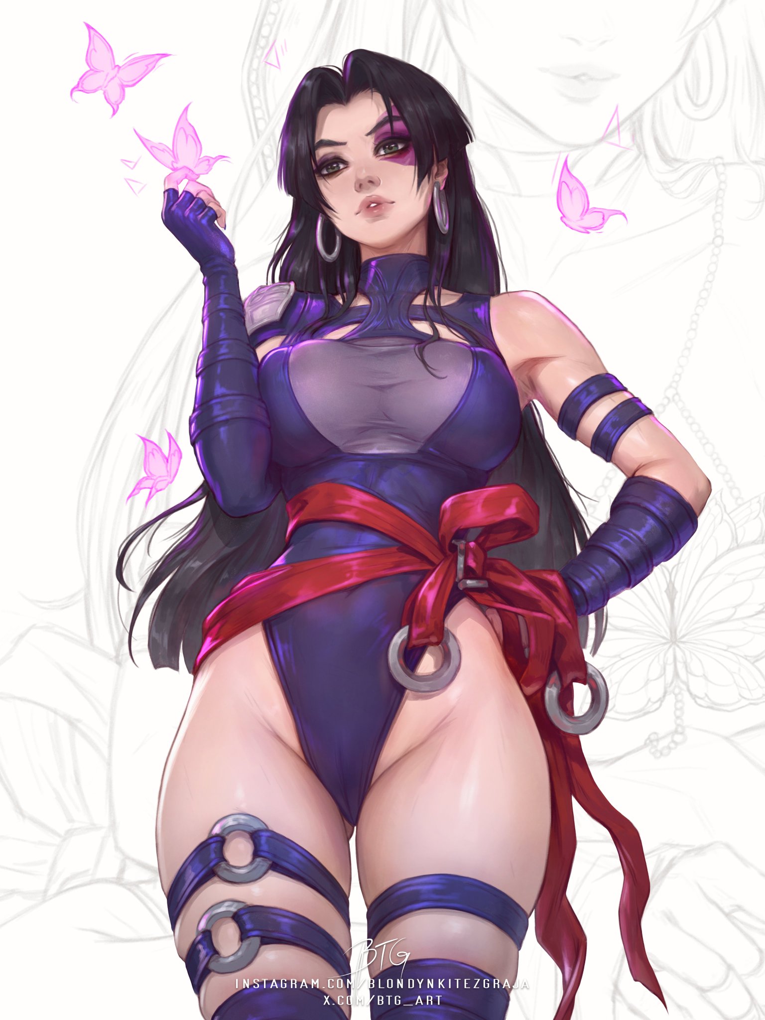 1girls, bare arms, bare legs, bare shoulders, bare thighs, big breasts, black hair, blondynkitezgraja, breasts, clothed, clothed female, clothing, color, female, female focus, female only, hi res, large breasts, leotard, light skin, light-skinned female, long hair, looking at viewer, marvel, marvel comics, marvel rivals, psylocke, psylocke (sai) (vengeance), skindentation, solo female, tagme, thick thighs