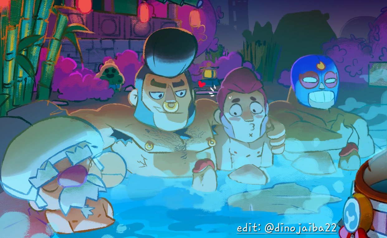 boner, brawl stars, bull (brawl stars), colt (brawl stars), dinojaiba22, el primo (brawl stars), erection, exhibitionism, gale (brawl stars), gay, hot spring, male, male only, nude, pierced nipples, pierced nose, septum piercing, spike (brawl stars), steam, water