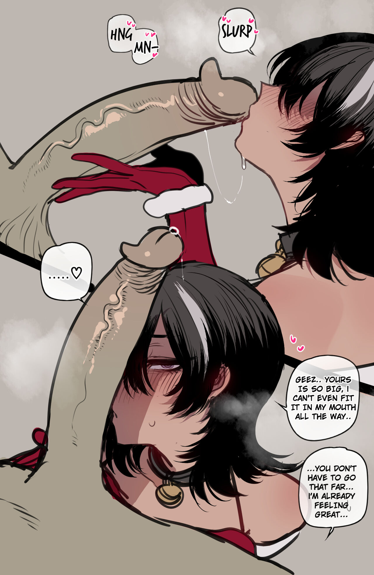 1boy, 1boy1girl, bad ending party, bell choker, big balls, big breasts, big penis, black hair, blowjob, blue eyes, breasts, brugo (bad ending party), choker, christmas, christmas outfit, dialog, dialogue, good ending party, head kiss, horny, horny female, human, interspecies, just the tip, leo (bad ending party), lingerie, lingerie only, navel, nude female, offscreen character, offscreen male, penis, penis size talk, ponytail, precum, precum drip, ratatatat74, short hair, size difference, size talk, tagme, tattoo, tattoo on shoulder, text, tomboy, troll, uncensored