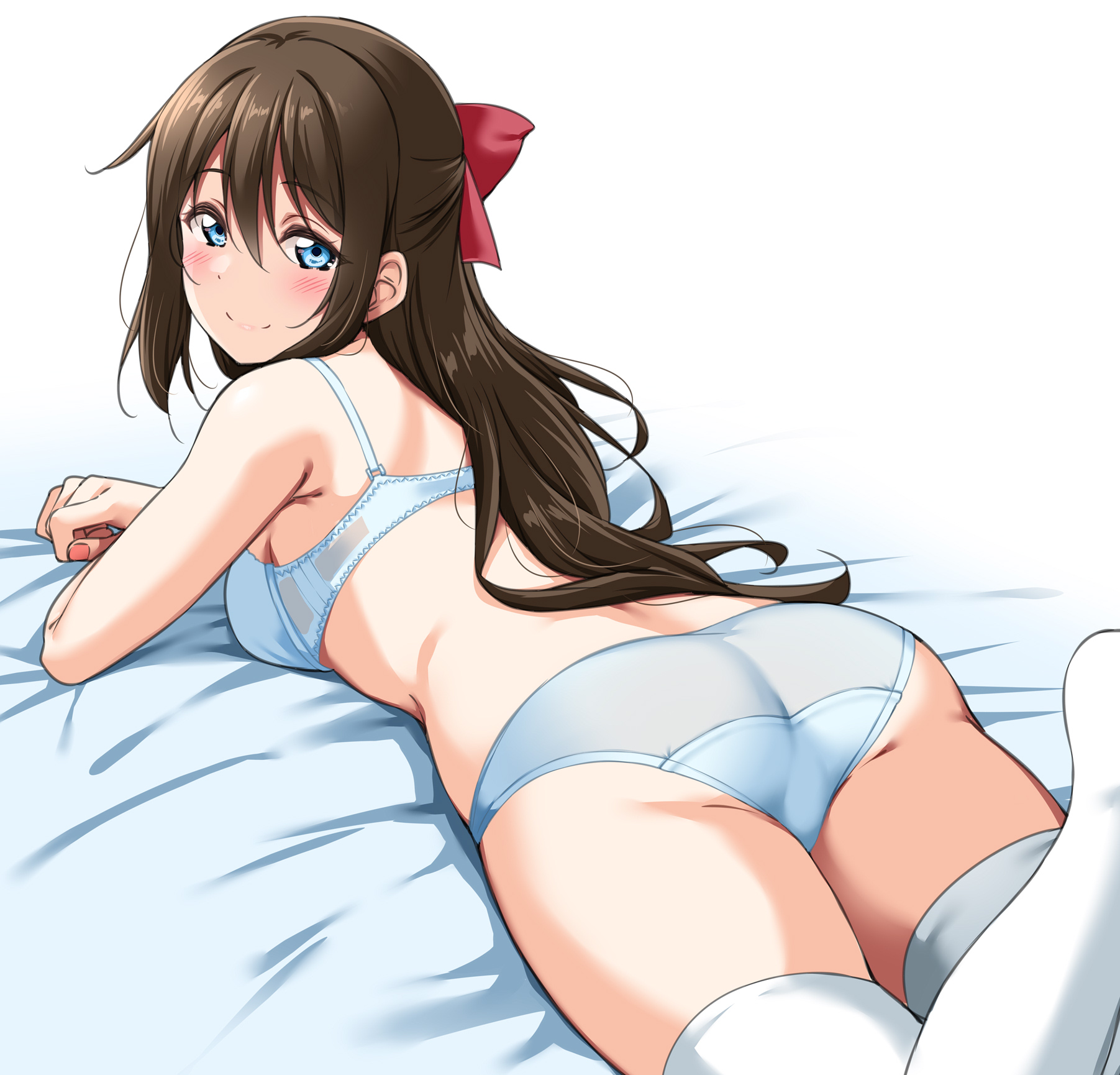 1girls, armpit crease, ass, back, bare arms, bare shoulders, bed sheet, blue bra, blue eyes, blue panties, blush, bow, bra, breasts, brown hair, closed mouth, commentary request, cowboy shot, female, fingernails, foot up, from behind, hair between eyes, hairbow, half updo, highres, long hair, looking at viewer, looking back, love live!, love live! nijigasaki high school idol club, lying, matching underwear, medium breasts, nail polish, no shoes, on stomach, ousaka shizuku, panties, red bow, red nails, smile, solo, thighhighs, underwear, underwear only, wavy hair, white background, white thighhighs, yopparai oni