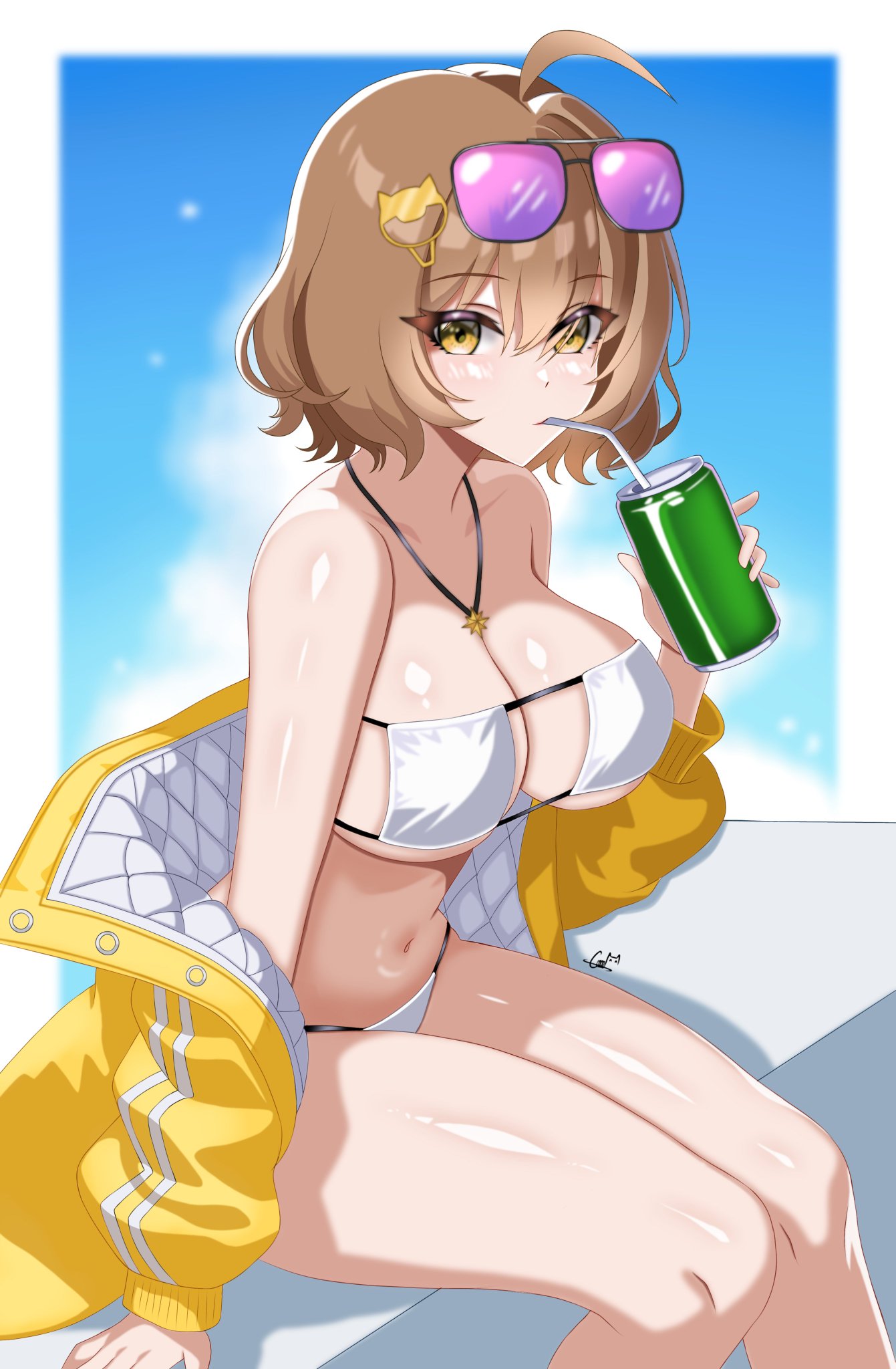 anis (nikke), anis (sparkling summer) (nikke), breasts, eyepatch bikini, female, goddess of victory: nikke, large breasts, lgc cat, short hair, sunglasses on head, yellow eyes