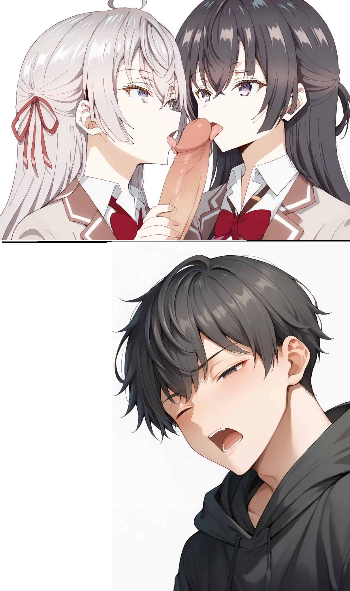 1boy, 2girls, ai generated, alisa mikhailovna kujou, black hair, clothed, erect penis, erection, female, licking penis, light skin, light-skinned female, light-skinned male, male, penis, suou yuki, tokidoki bosotto russian de dereru tonari no alya-san, white background, white hair